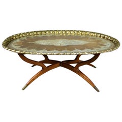 Vintage Indian Moroccan Style Oval Tray Top Spider 4-Leg Coffee Table