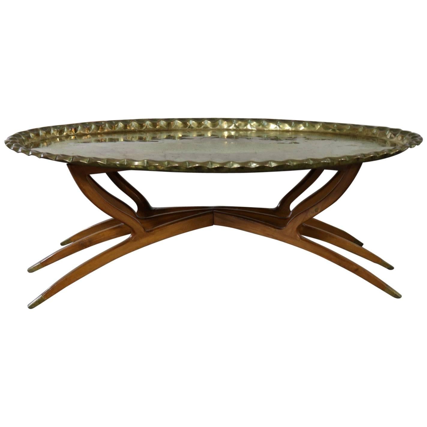 Vintage Indian Moroccan Style Oval Tray Top Spider Leg Coffee Table