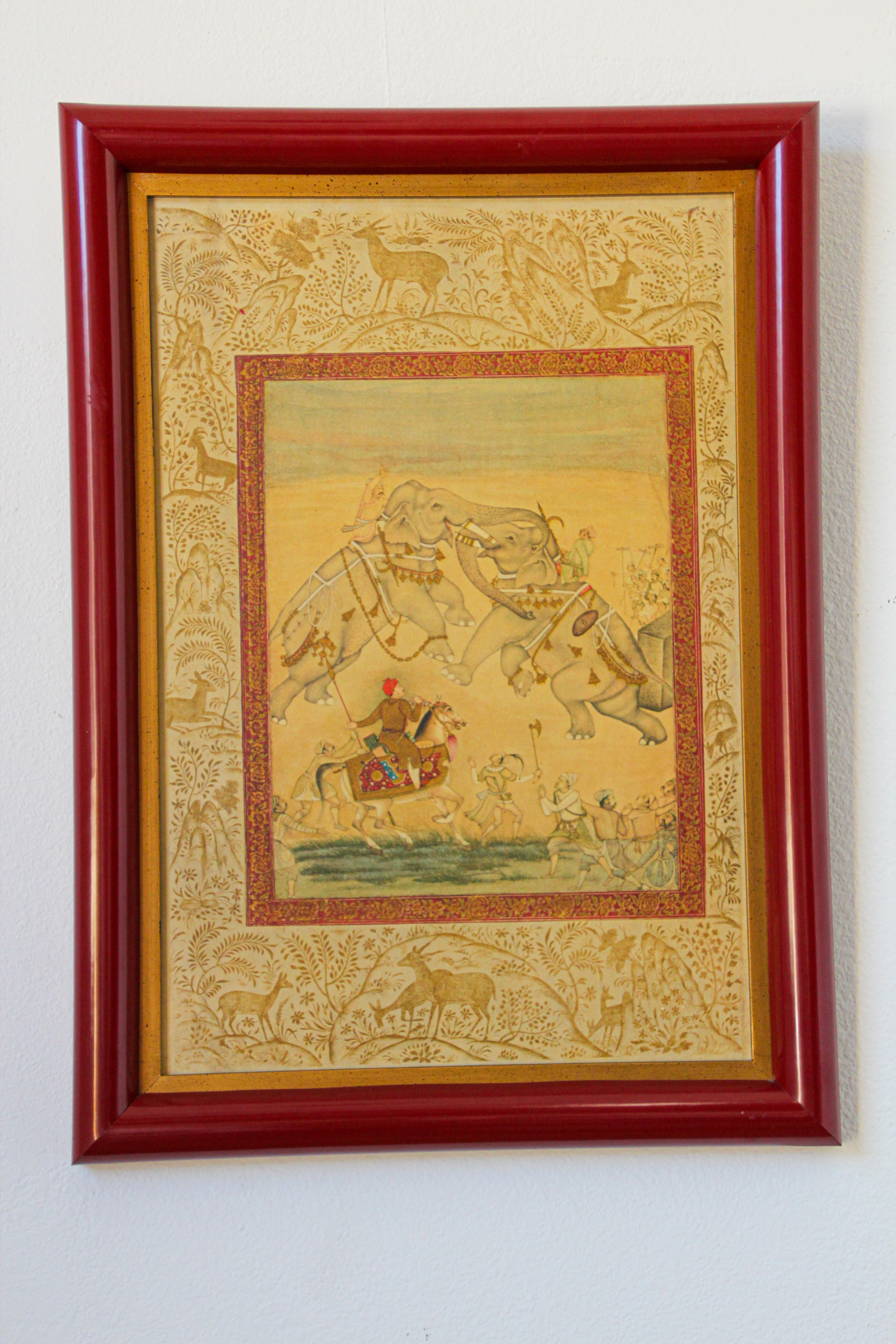 Vintage Indian Mughal style print in red wood frame.
The painting tells a story, after a very fine art work in hand-painted watercolors gouache on paper.
Indian Mughal school style print painting by an Indian artist.
The scene is two elephants