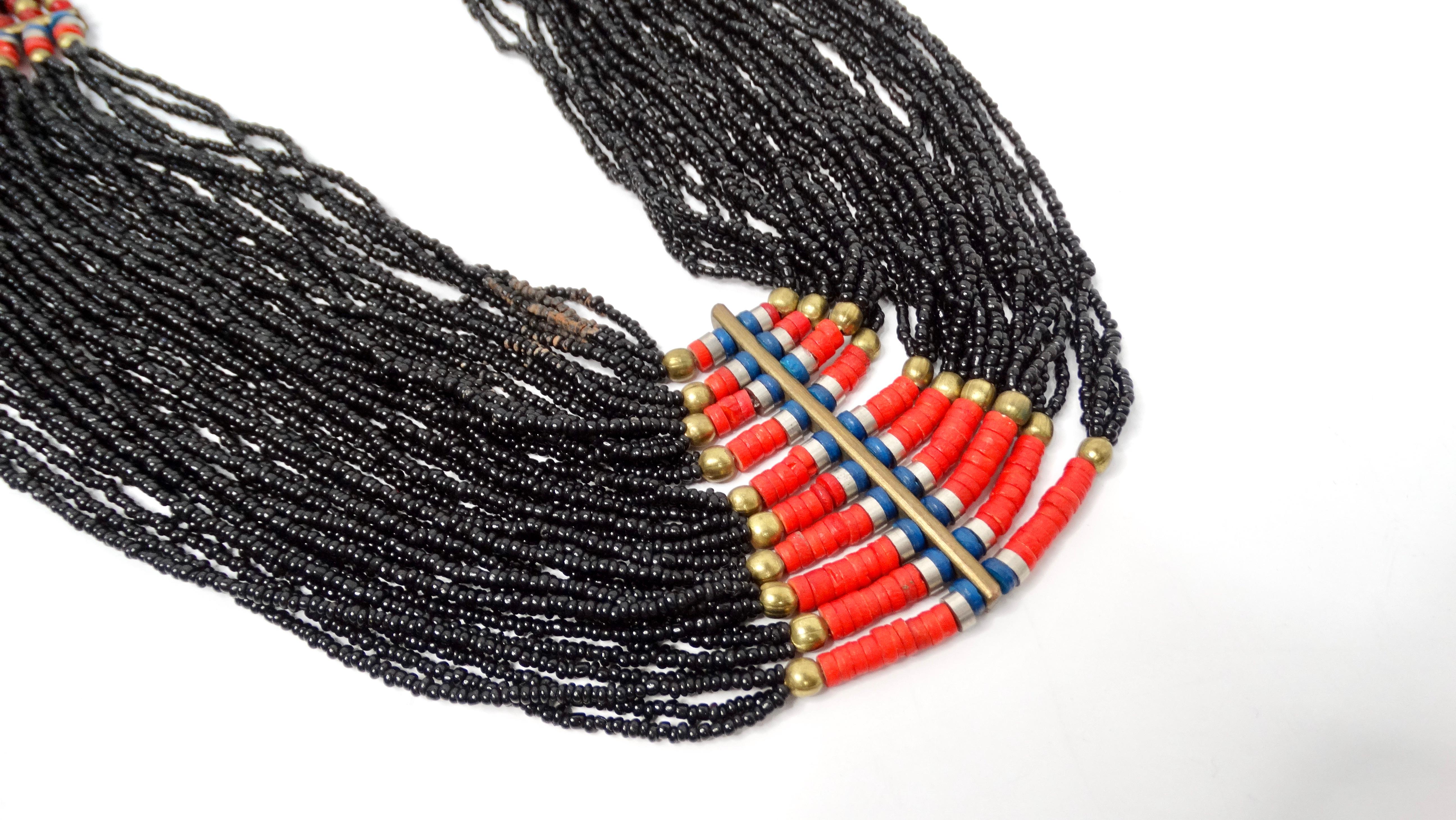 Indische Naga, handgefertigte mehrreihige Vintage-Halskette mit schwarzen Perlen, Stammeskunst, Vintage im Zustand „Gut“ im Angebot in Scottsdale, AZ