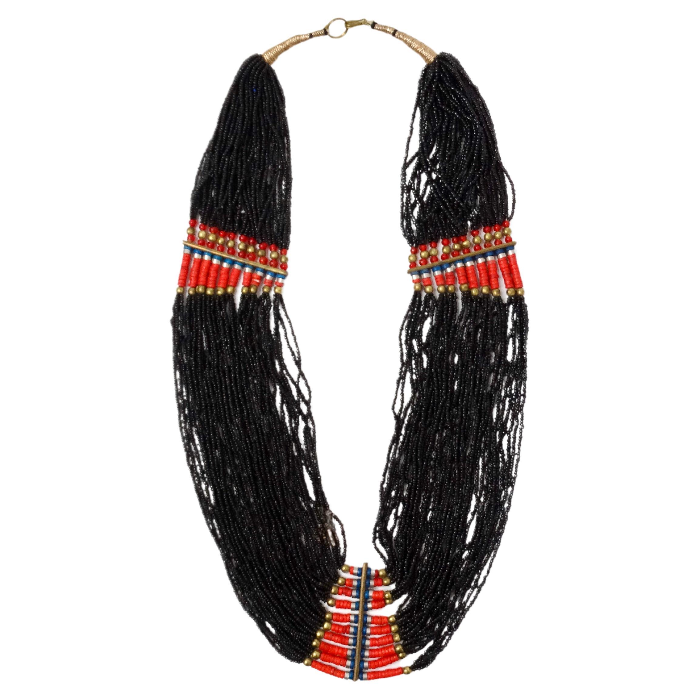 Indische Naga, handgefertigte mehrreihige Vintage-Halskette mit schwarzen Perlen, Stammeskunst, Vintage im Angebot