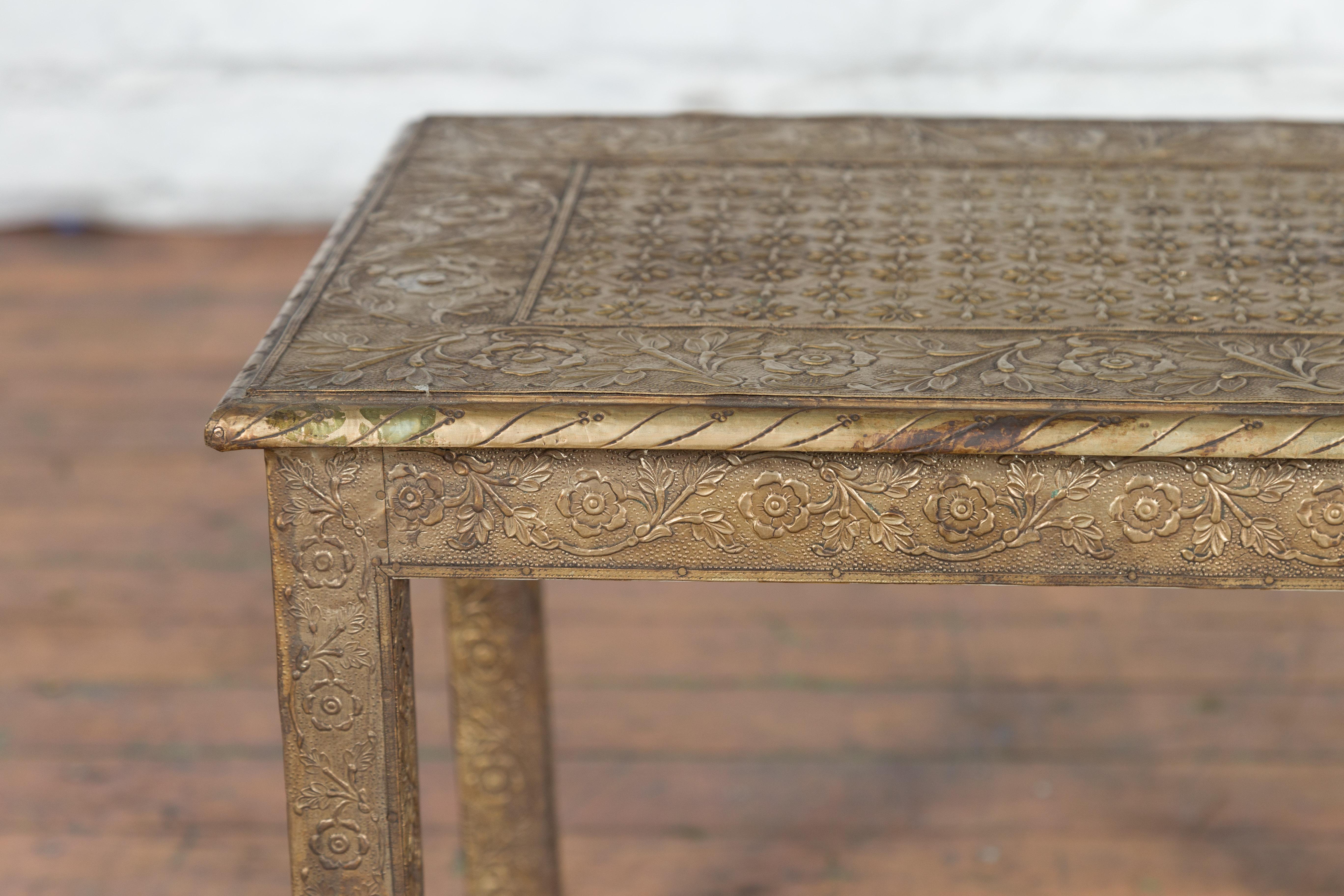 Vintage Indian Nickel and Silver Drinks Table with Floral Repoussé Décor For Sale 5