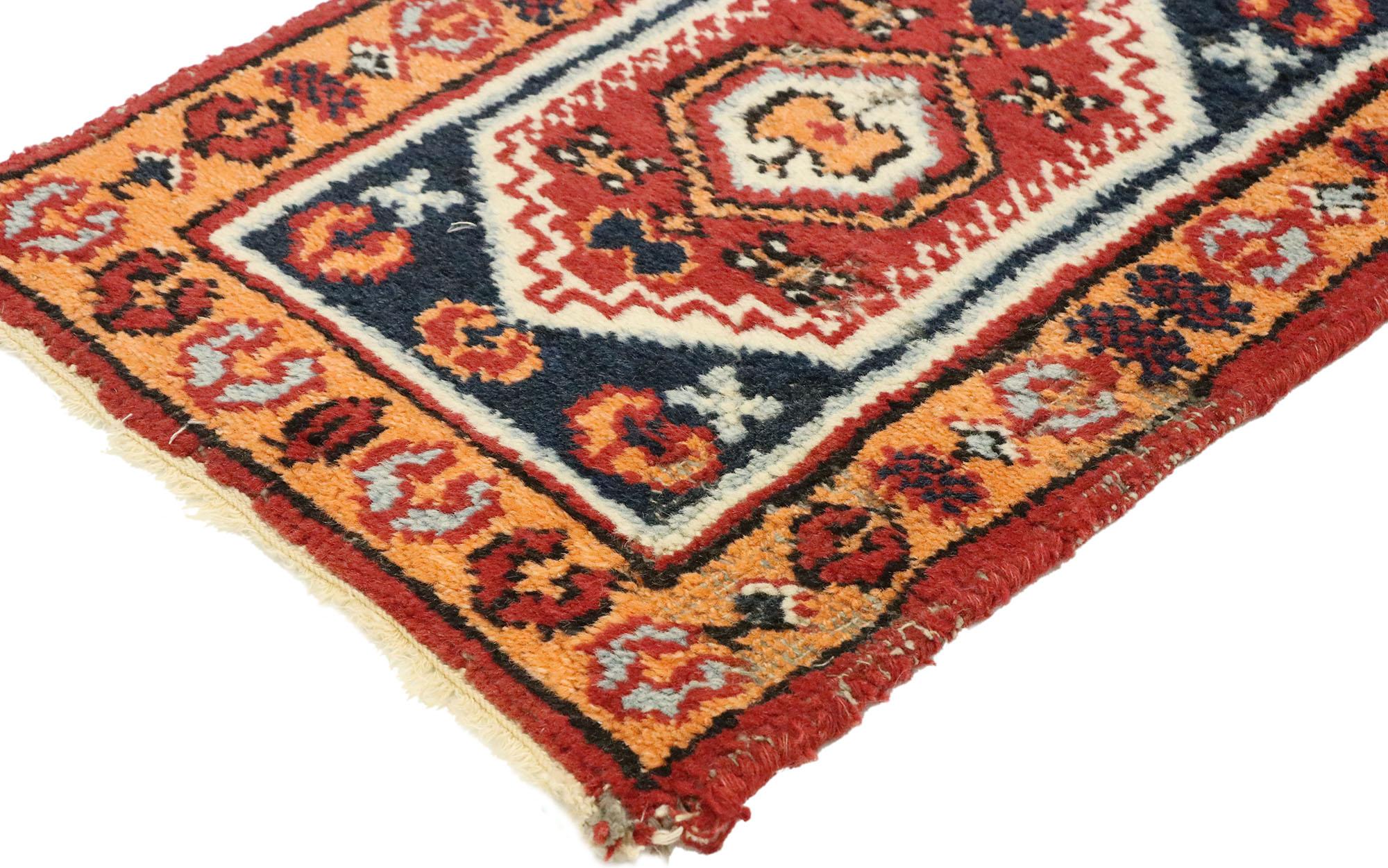 74913 Small Vintage Indian Oushak Rug, 01'04 x 01'10. Small vintage Indian Oushak rugs are handwoven textiles from India that draw inspiration from traditional Oushak rugs of Turkey. They feature Anatolian tribal motifs such as large, stylized