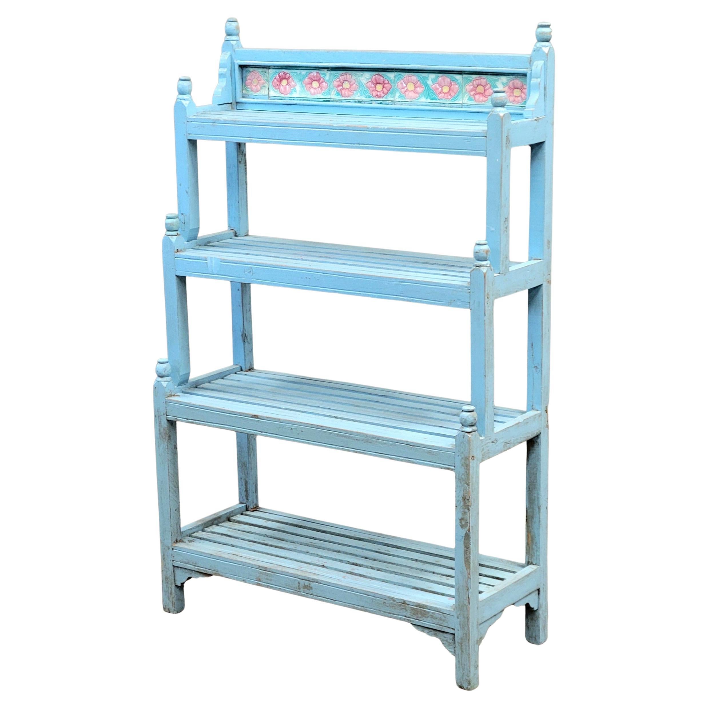 Vintage Indian Painted Bookshelf with Floral Tile