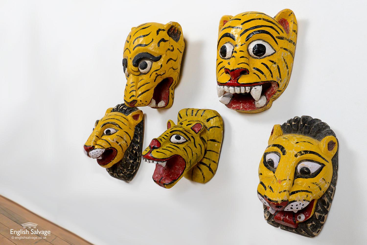 Asian Vintage Indian Painted Tiger Head Masks, 20th Century For Sale