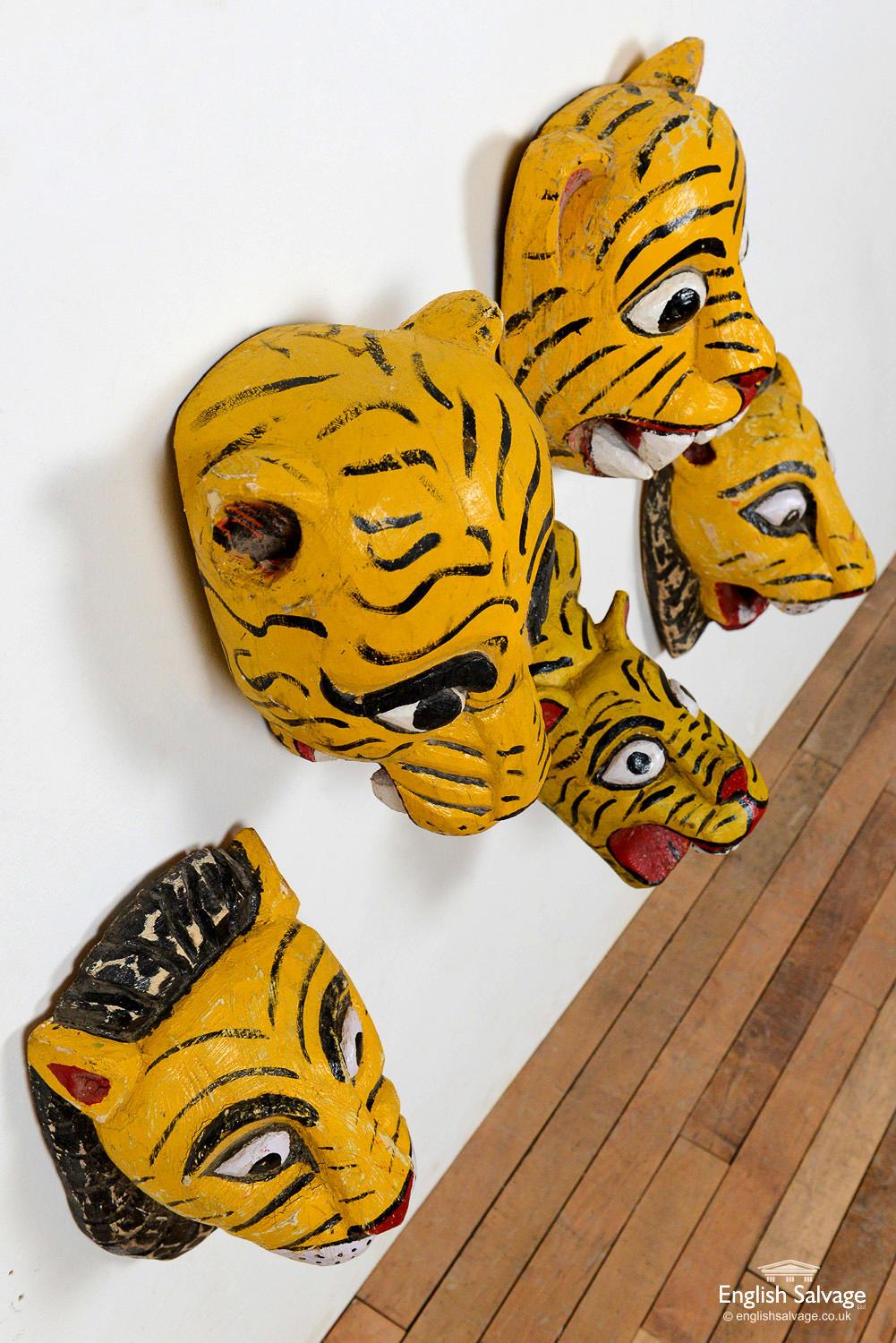Vintage Indian Painted Tiger Head Masks, 20th Century In Good Condition For Sale In London, GB