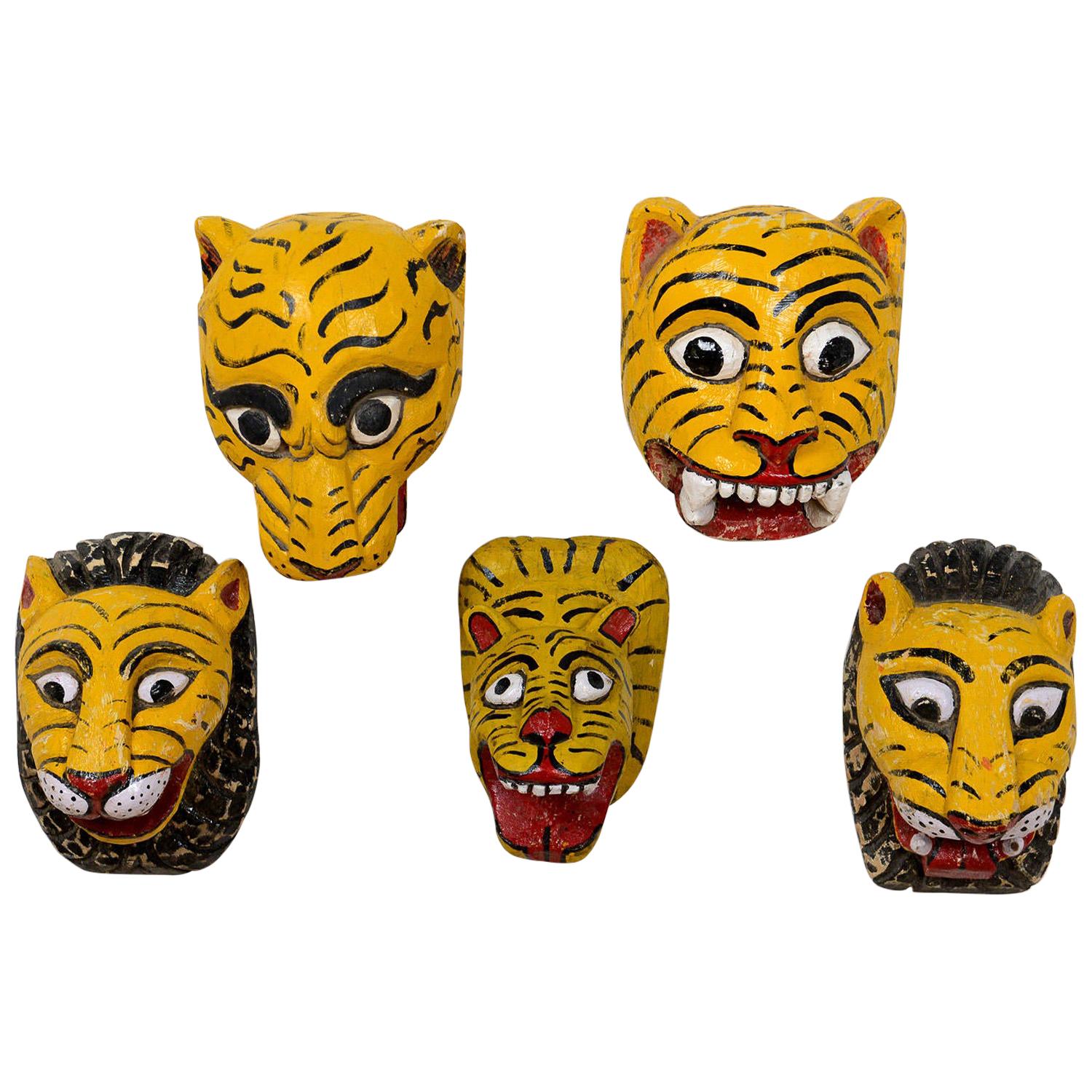 Vintage Indian Painted Tiger Head Masks, 20th Century For Sale