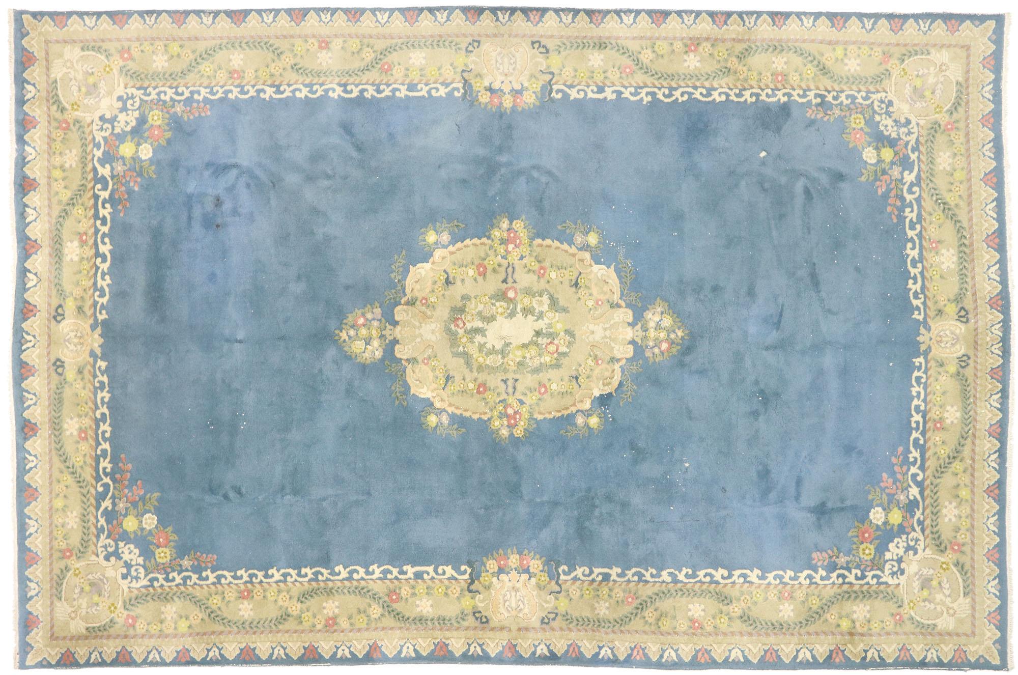 Wool Vintage Indian Palace Rug with Romantic English Country Cottage Style For Sale