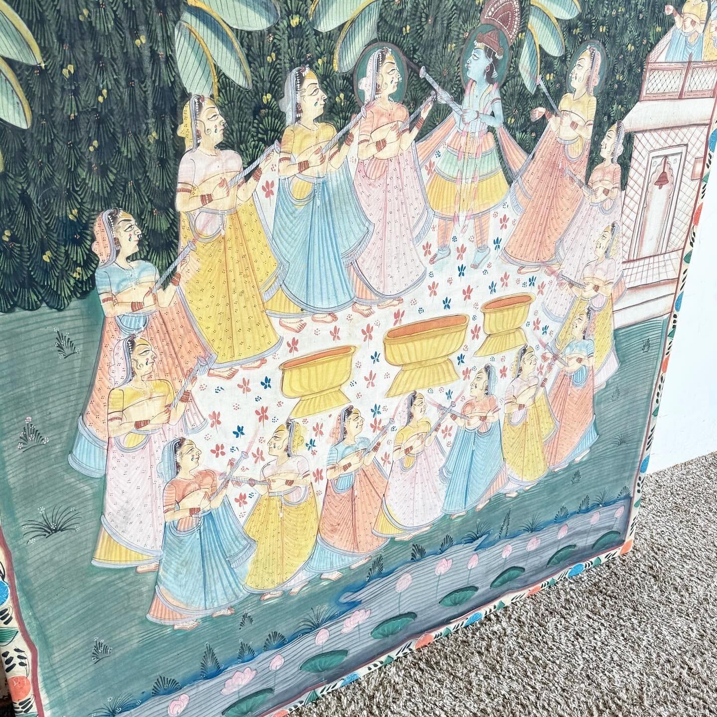 Embrace the spiritual essence of Indian art with this Vintage Krishna Pishhwai Painting on fabric, showcasing the deity Krishna in vibrant colors and intricate detail. Ideal for collectors and those seeking to add a touch of divine serenity and