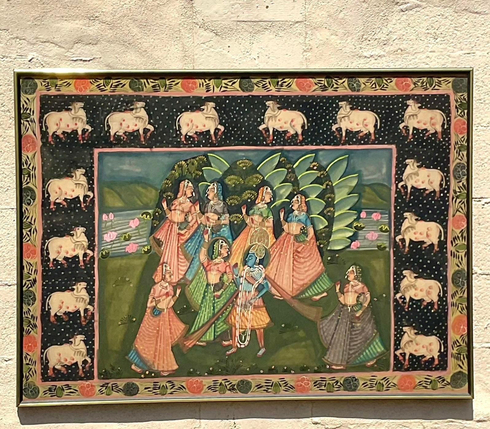 Un favoloso dipinto ad olio originale Boho vintage su seta. Un Pishwaa indiano elegante e ricco di colori. Tante capre in più per una maggiore fortuna! Acquistato da una proprietà di Palm Beach.