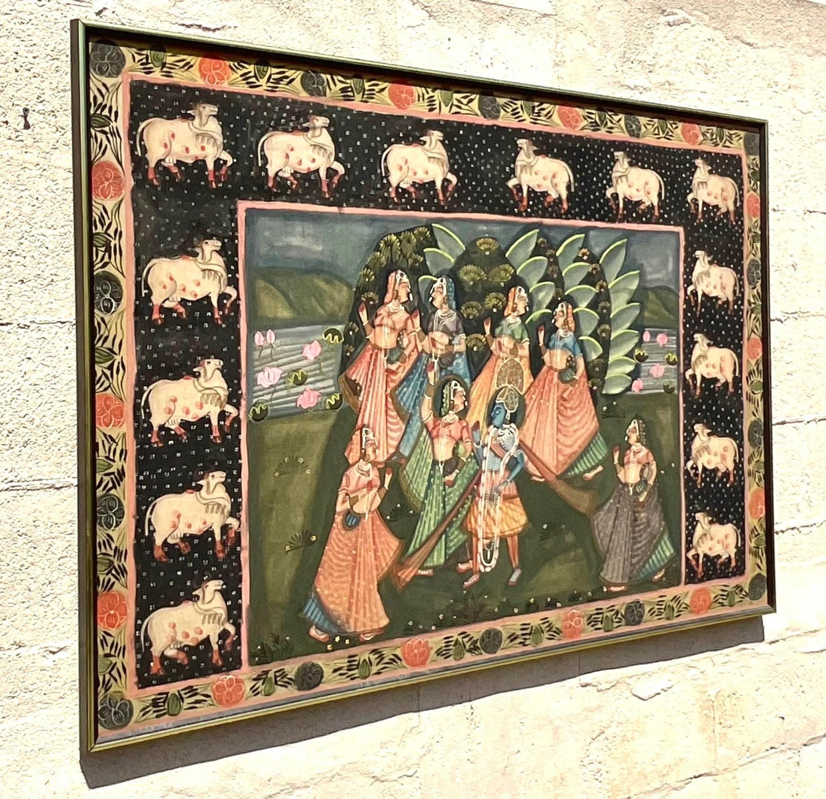 Vintage Indian Pishwaa Painting on Silk In Good Condition For Sale In west palm beach, FL