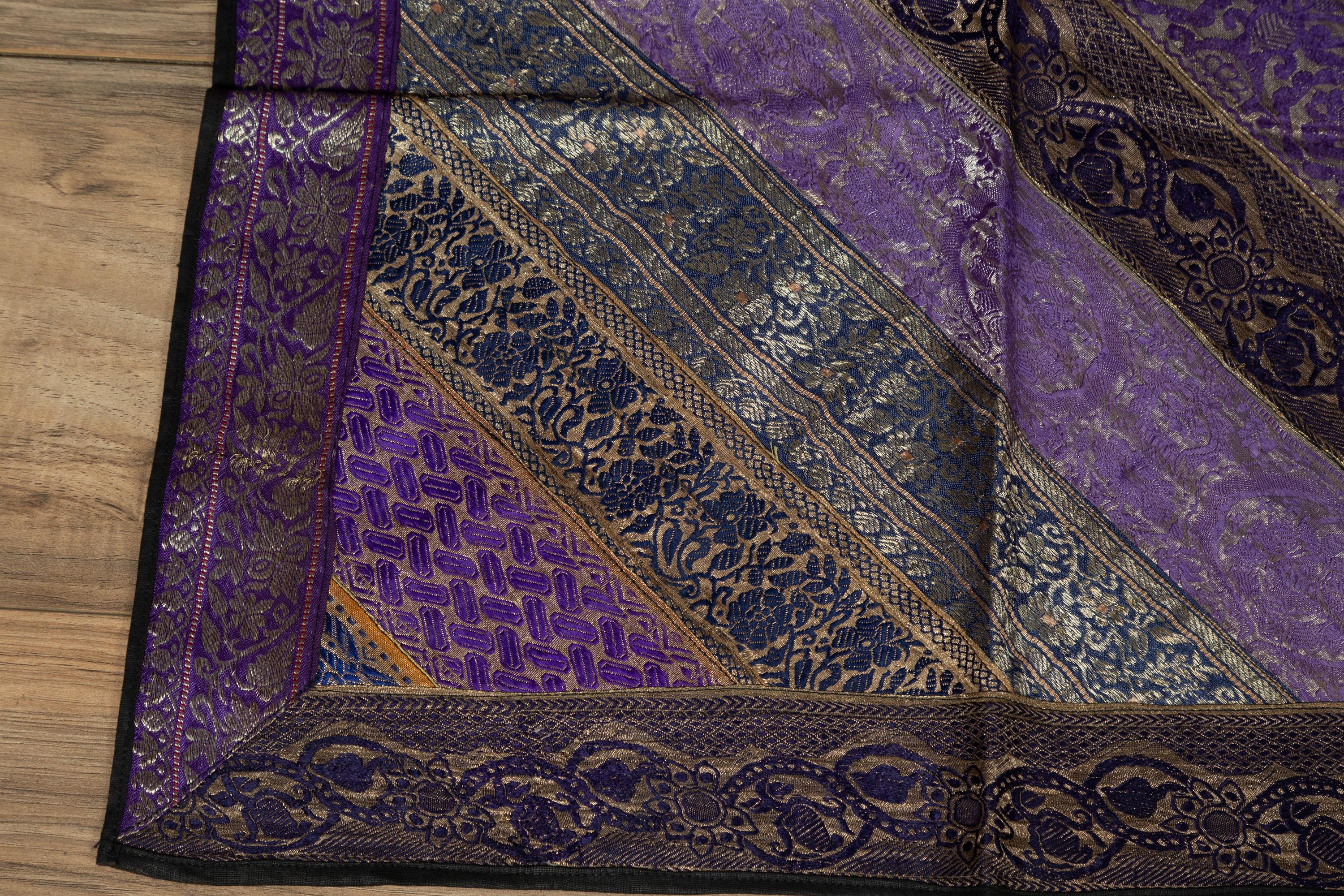 Vintage Indian Silk Embroidered Fabric with Purple, Silver and Gold Tones 7