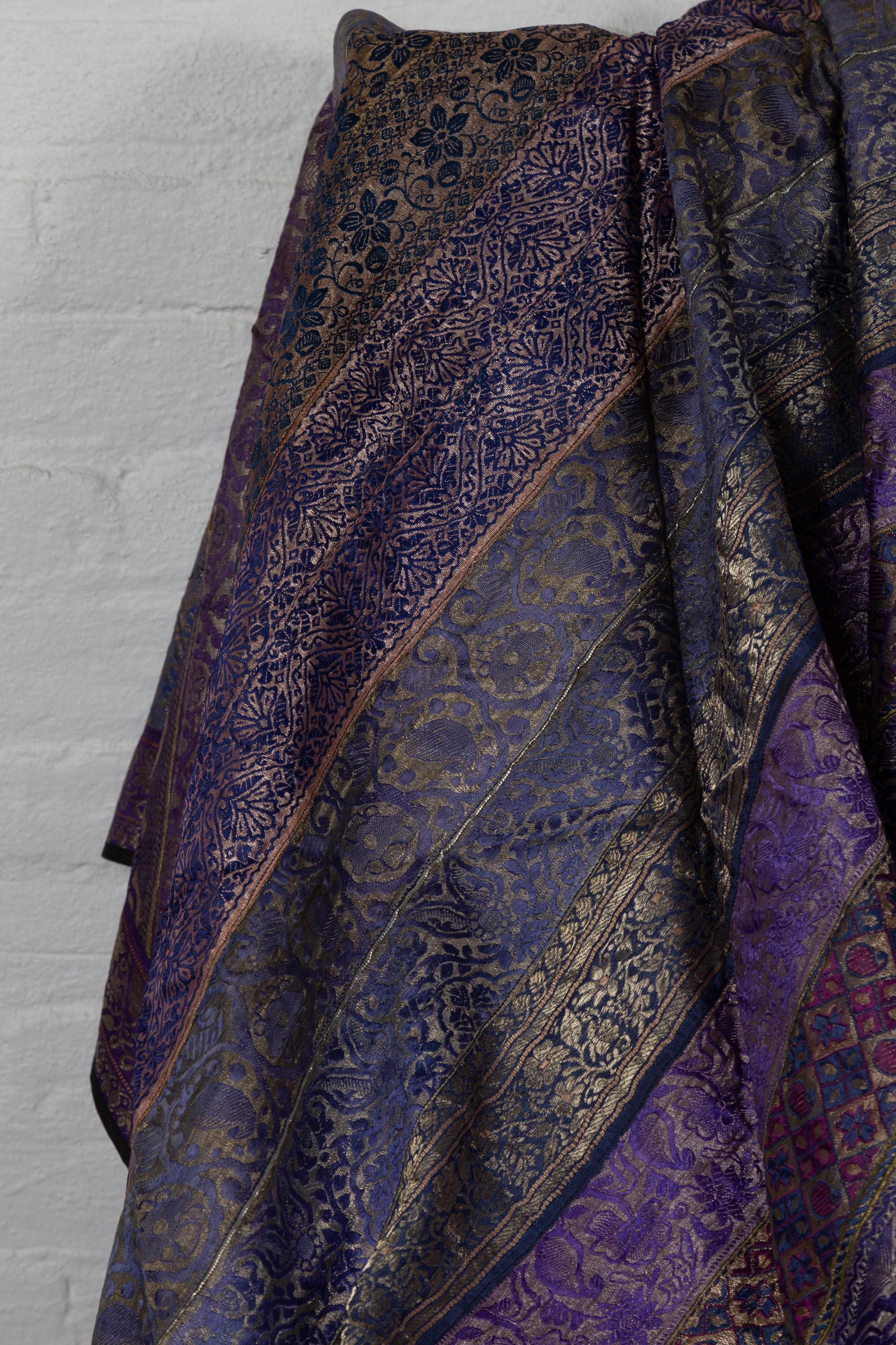 Vintage Indian Silk Embroidered Fabric with Purple, Silver and Gold Tones 11