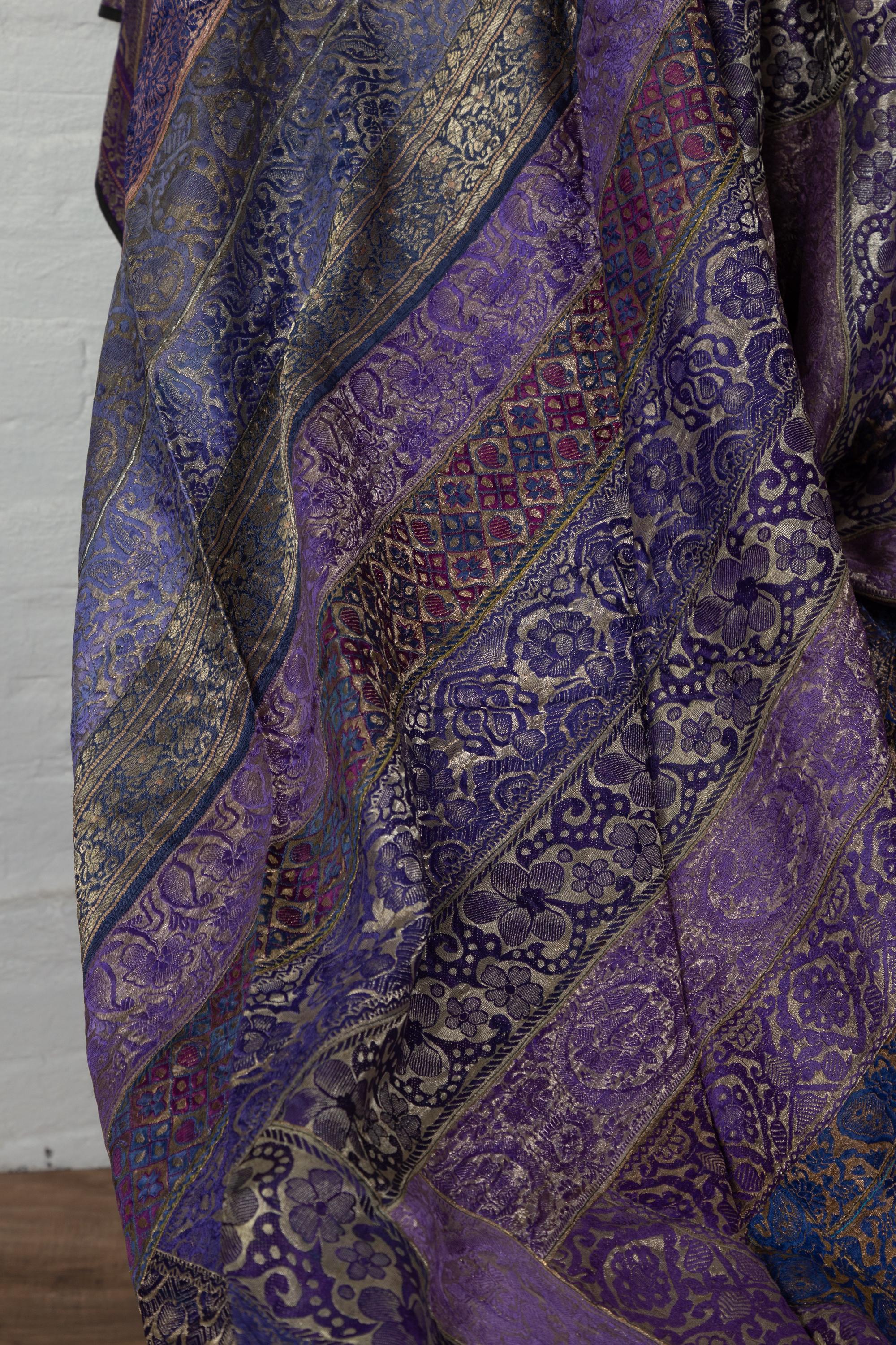 Vintage Indian Silk Embroidered Fabric with Purple, Silver and Gold Tones 12