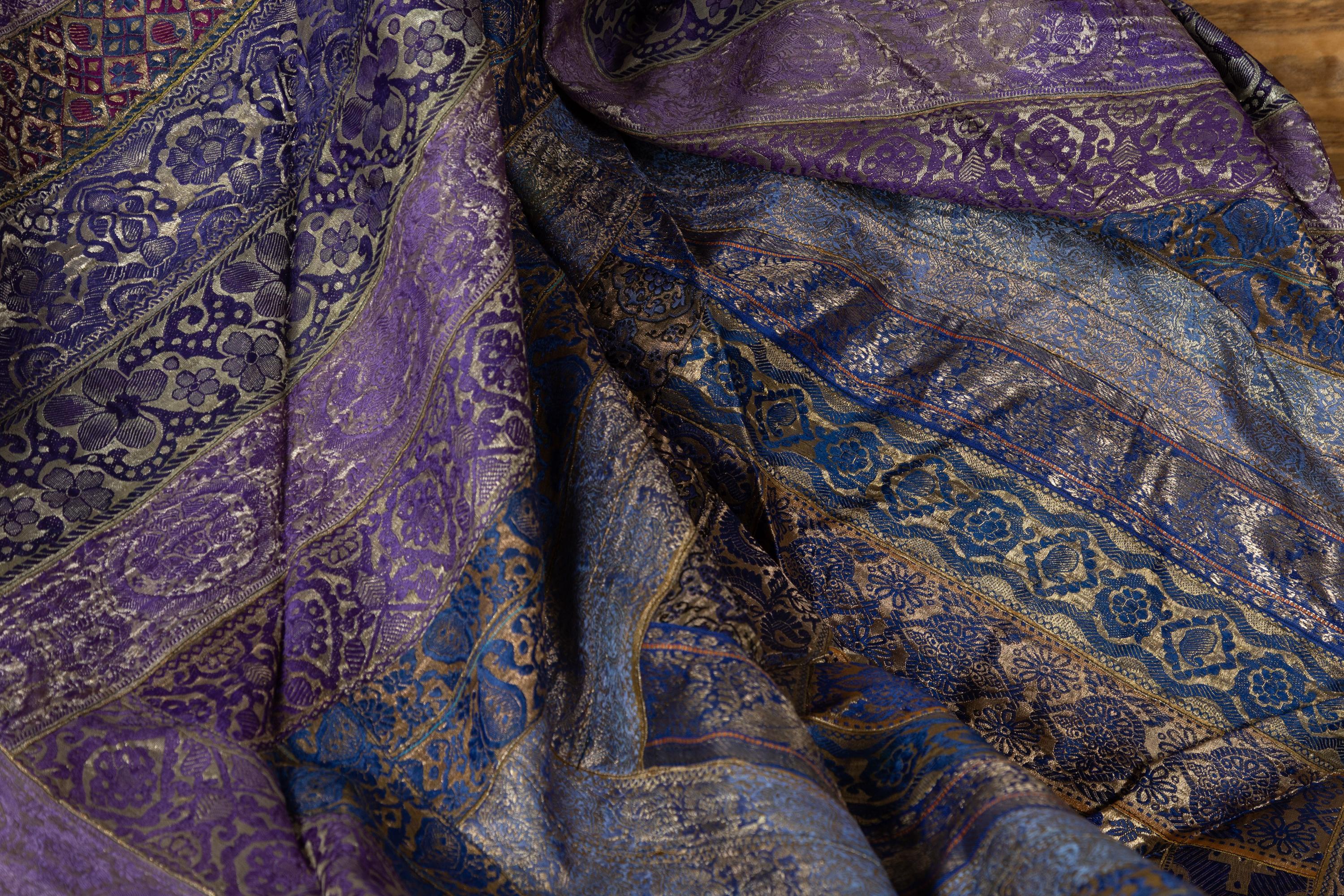 Vintage Indian Silk Embroidered Fabric with Purple, Silver and Gold Tones 13