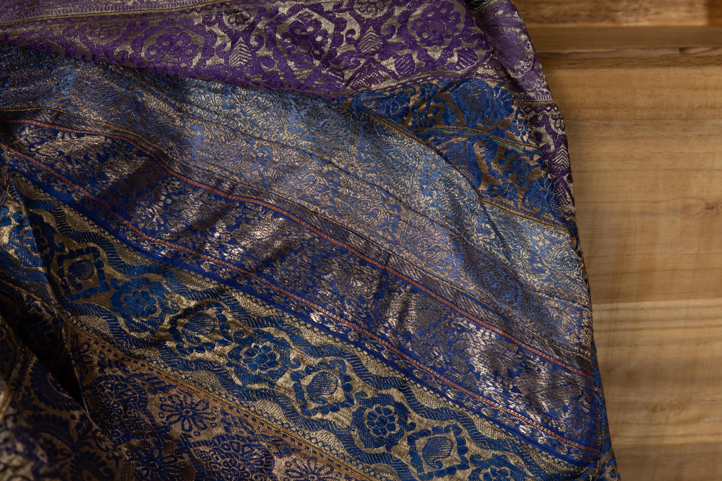 Vintage Indian Silk Embroidered Fabric with Purple, Silver and Gold Tones 14
