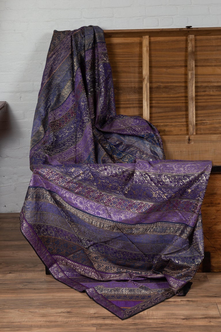Vintage Indian Silk Embroidered Fabric with Purple, Silver and Gold