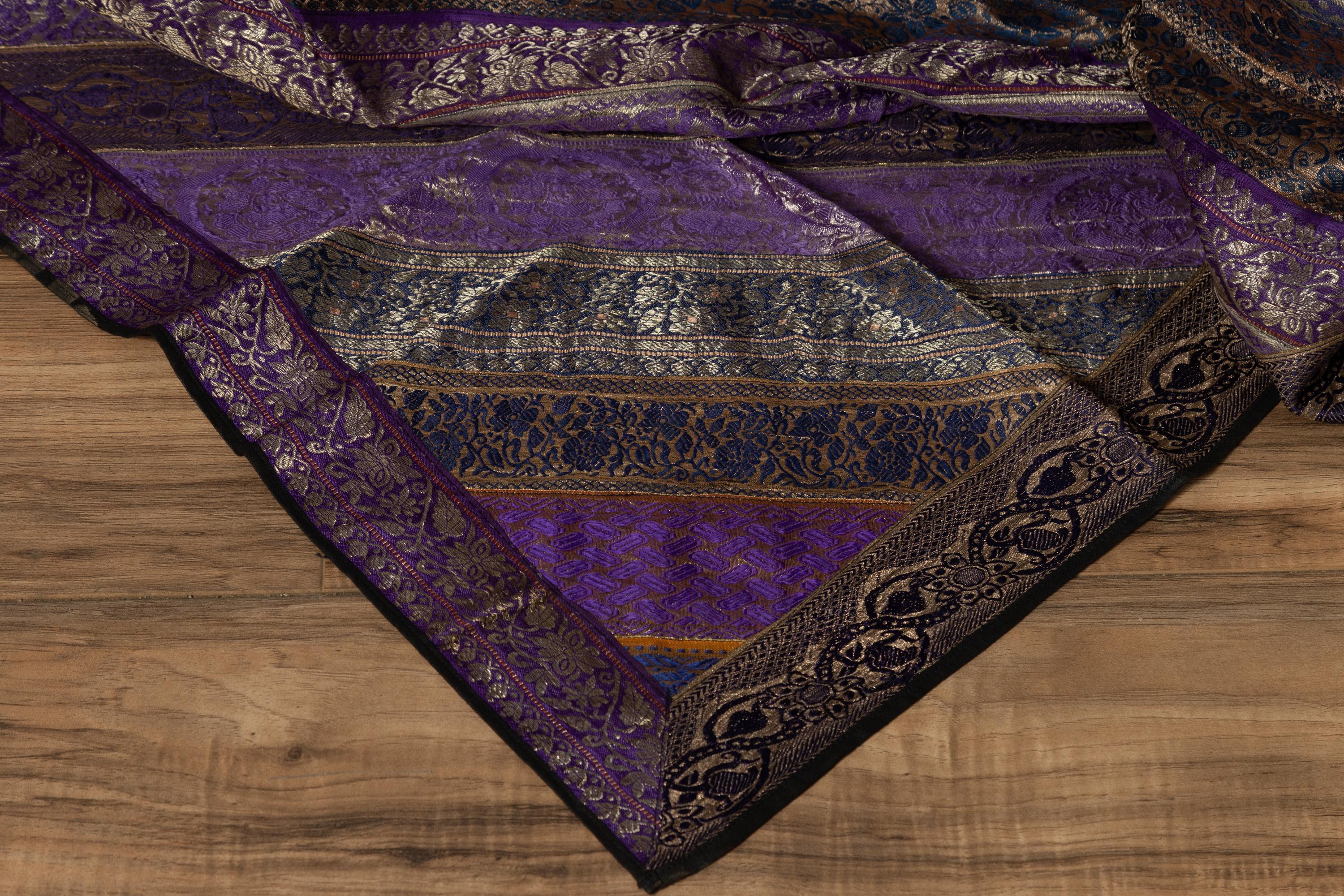 Vintage Indian Silk Embroidered Fabric with Purple, Silver and Gold Tones In Excellent Condition In Yonkers, NY