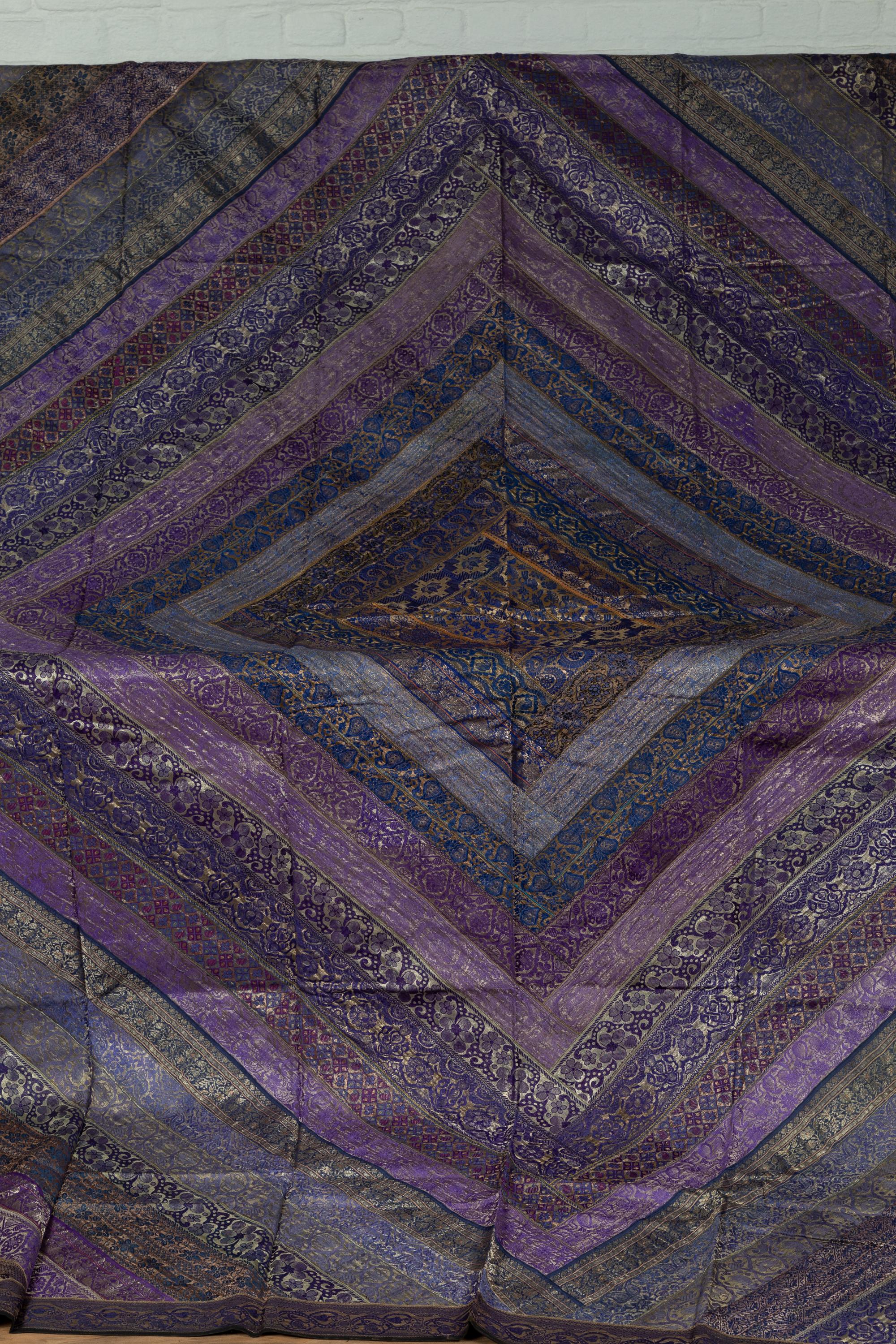 20th Century Vintage Indian Silk Embroidered Fabric with Purple, Silver and Gold Tones