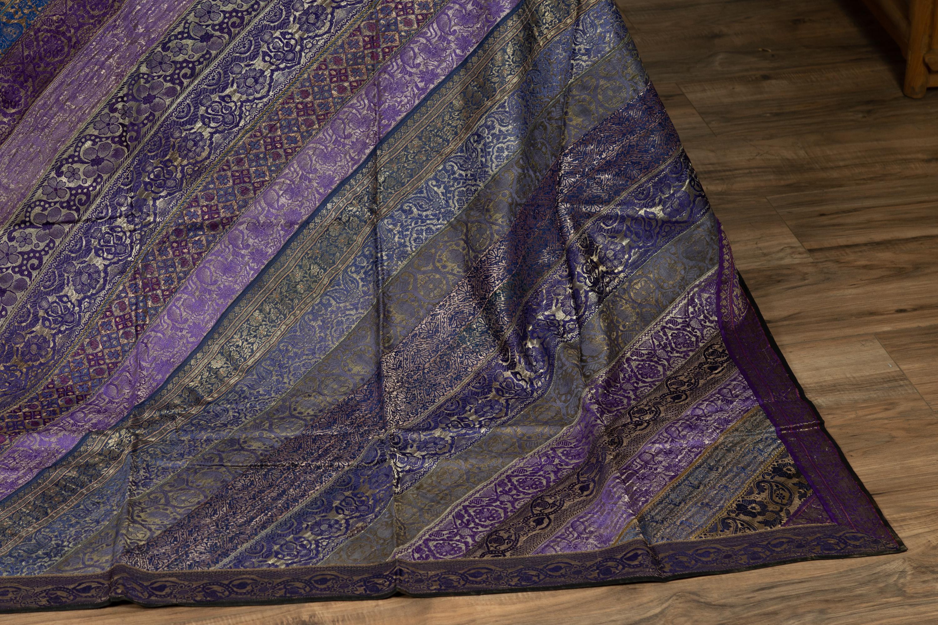 Vintage Indian Silk Embroidered Fabric with Purple, Silver and Gold Tones 2