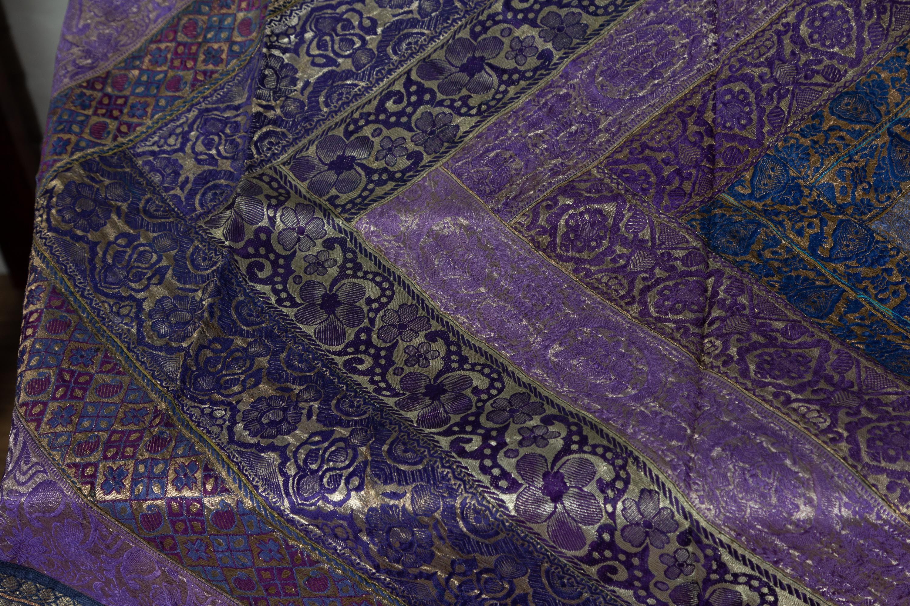 Vintage Indian Silk Embroidered Fabric with Purple, Silver and Gold Tones 4