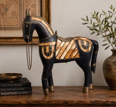 Vintage Indian Rajasthan Carved Horse Sculpture with Bone Inlay and Metal Trim