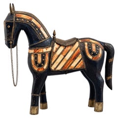 Vintage Indian Rajasthan Carved Horse Sculpture with Bone Inlay and Metal Trim