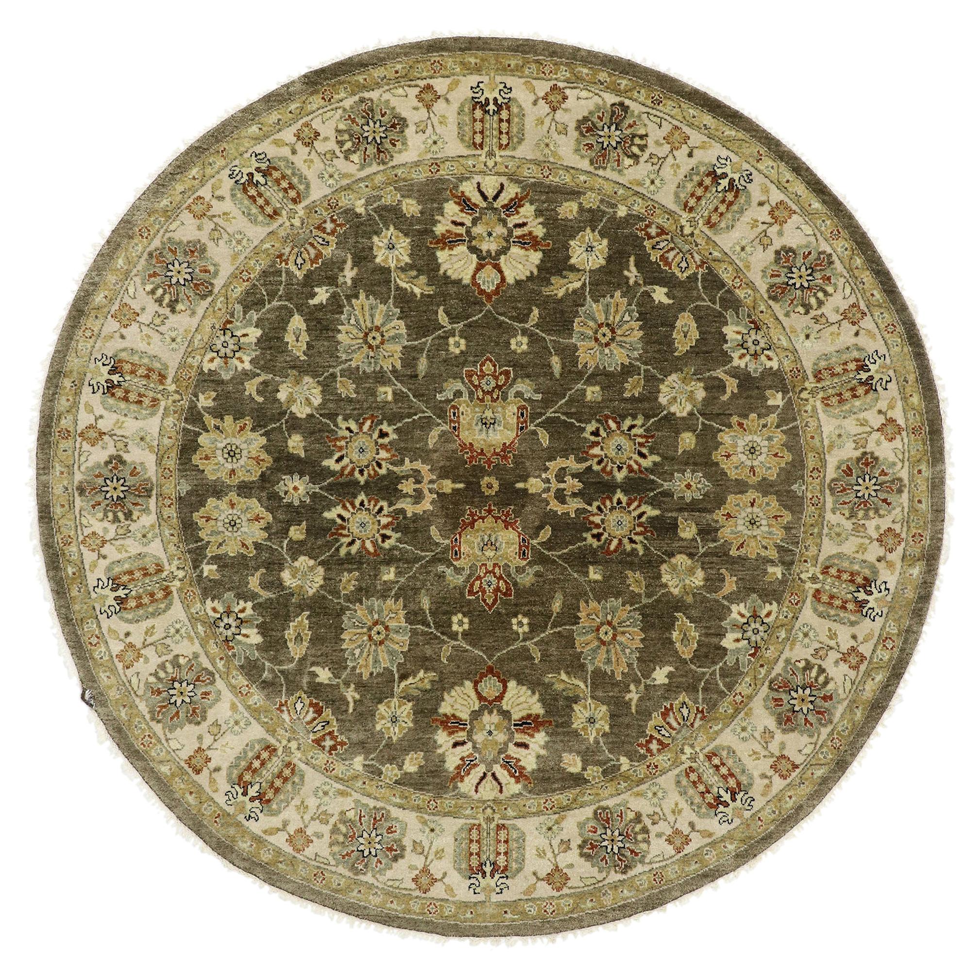 Indischer runder Vintage-Teppich im Arts and Crafts-Stil, runder Teppich