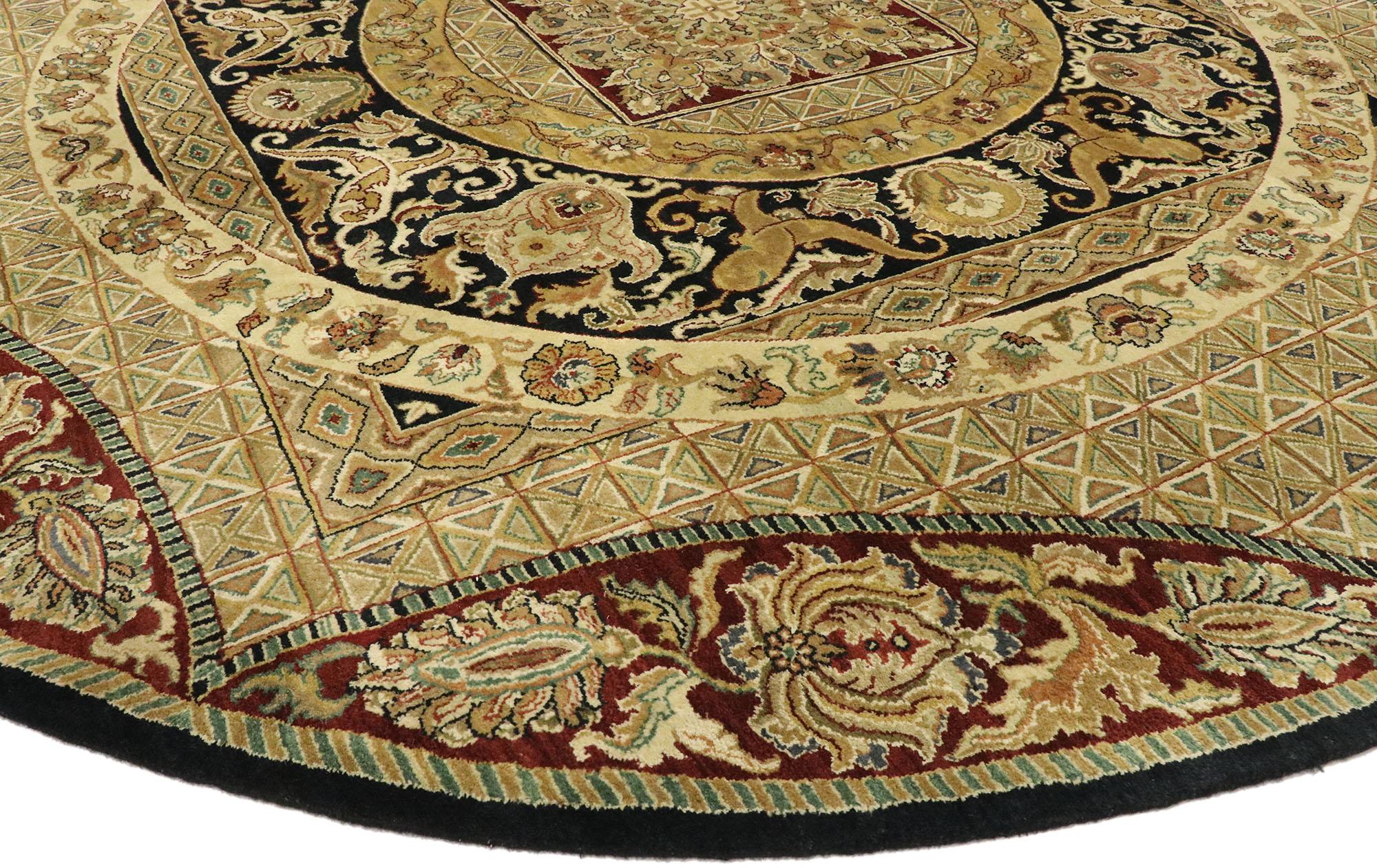 77467 Vintage Indian Round Area Rug, Circular Rug with French Art Nouveau Style. Decorative detailing and effortless beauty meet obliquely feminine vibes with French Art Nouveau style in this hand knotted wool vintage Indian round area rug. The
