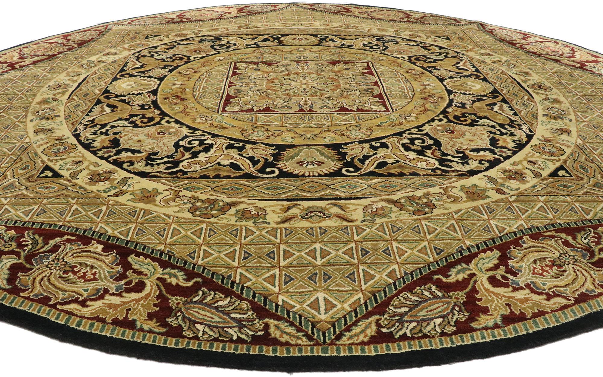 Tabriz Vintage Indian Round Area Rug, Circular Rug with French Art Nouveau Style