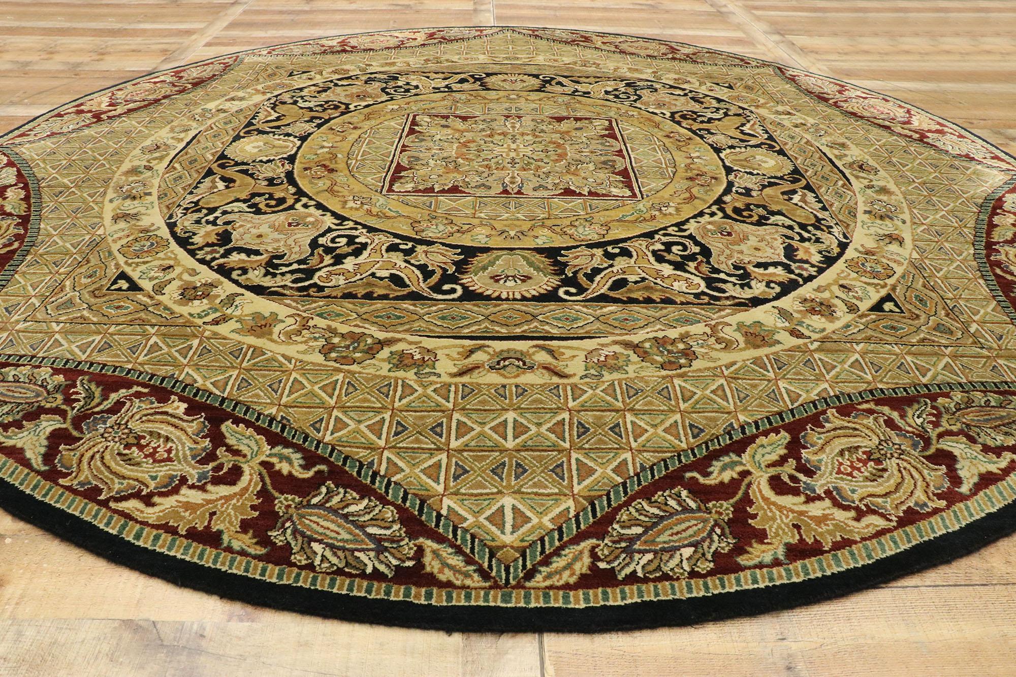 Wool Vintage Indian Round Area Rug, Circular Rug with French Art Nouveau Style