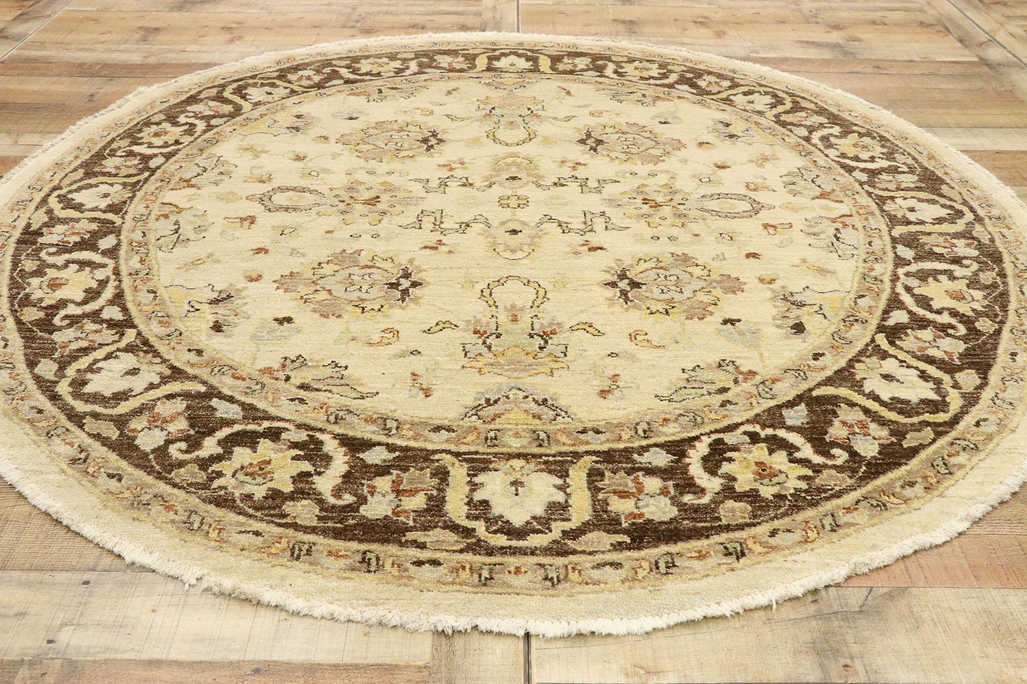 Hand-Knotted Vintage Indian Round Area Rug, Circular Rug with Warm Farmhouse Cottage Style