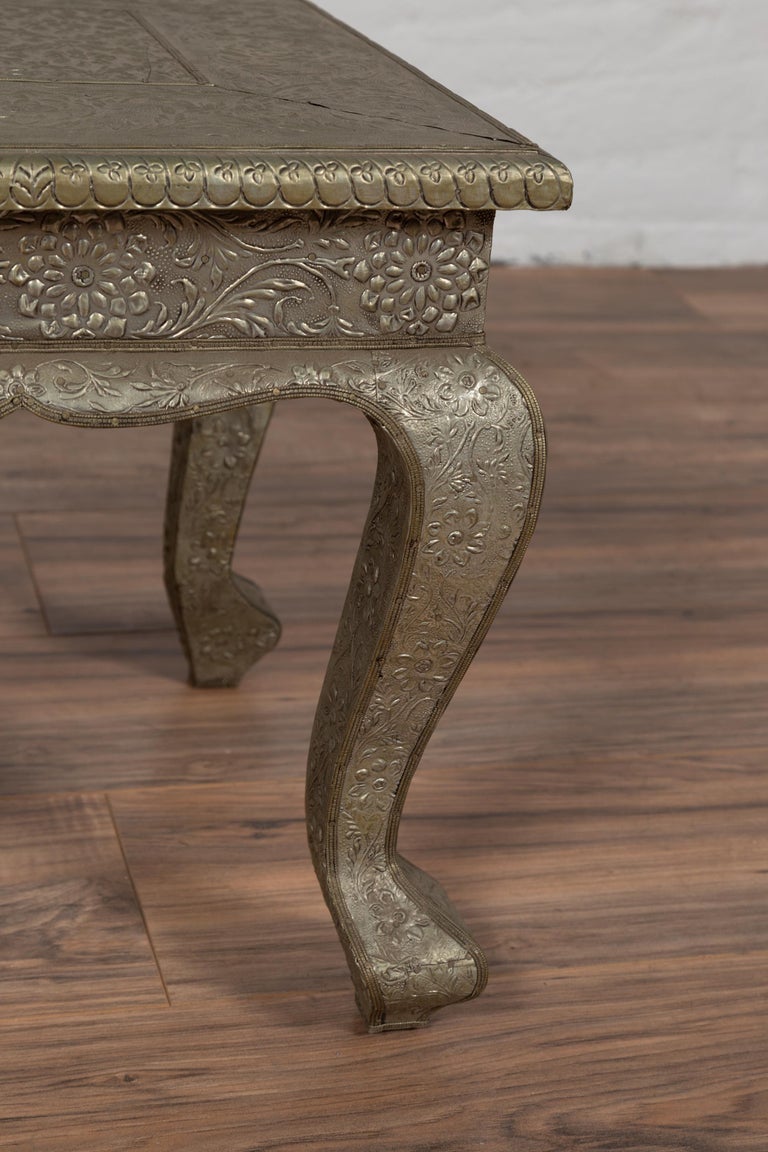 Vintage Indian Rubbed Silver Plated Brass Side Table with HandHammered