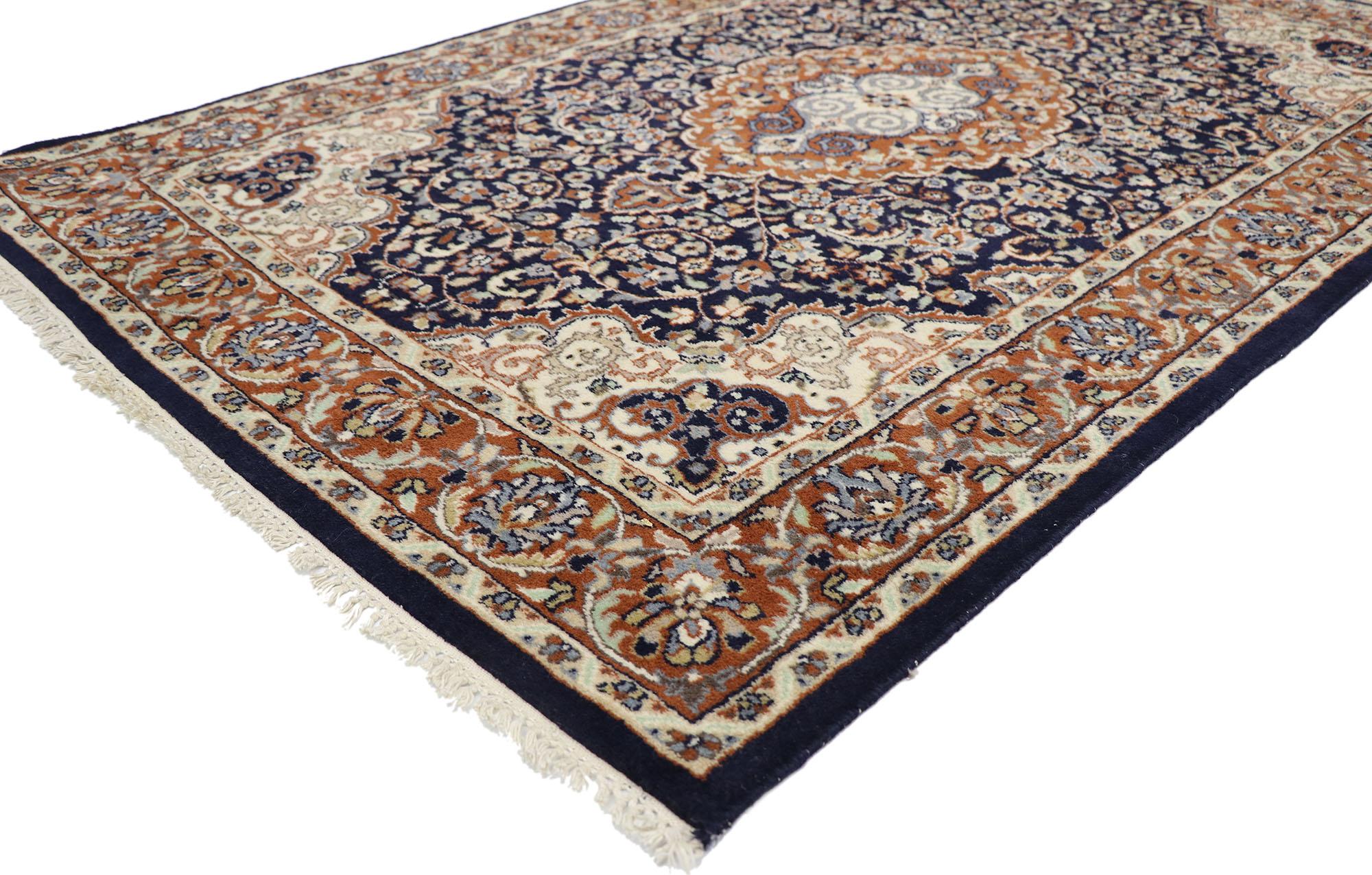 78087 vintage Indian rug with Arabesque Dutch Renaissance style 04'03 x 06'05. With its effortless beauty and architectural elements of arabesque vines scrolls, this hand knotted wool vintage Indian rug beautifully embodies Dutch Renaissance style.