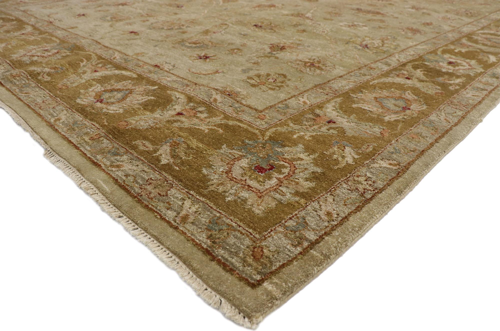 77366, vintage Indian rug with Arts & Crafts Bungalow style. With its neutral colors and weathered beauty combined with nostalgic charm, this vintage Indian rug creates an inimitable warmth and calming ambiance. Large harshang palmettes, serrated