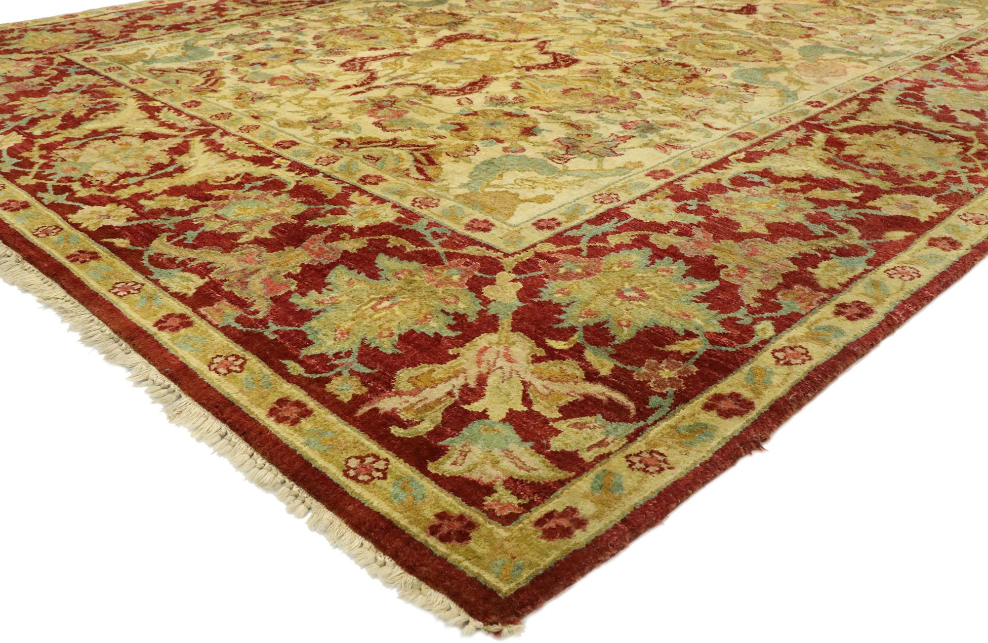 77517, vintage Indian rug with Arts & Crafts style inspired by William Morris. The architectural elements of naturalistic forms combined with Arts & Crafts style, this hand knotted wool vintage Indian rug draws inspiration from William Morris. It