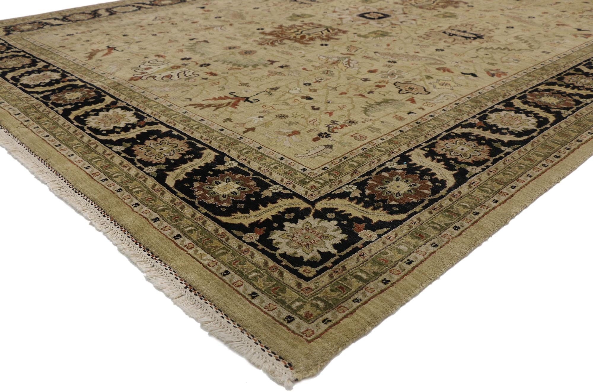 77306, vintage Indian rug with Classic Colonial Revival style. With its neutral color palette, straight and curved lines, this hand knotted wool vintage Indian rug beautifully embodies transitional Colonial style. It features an all-over rectilinear