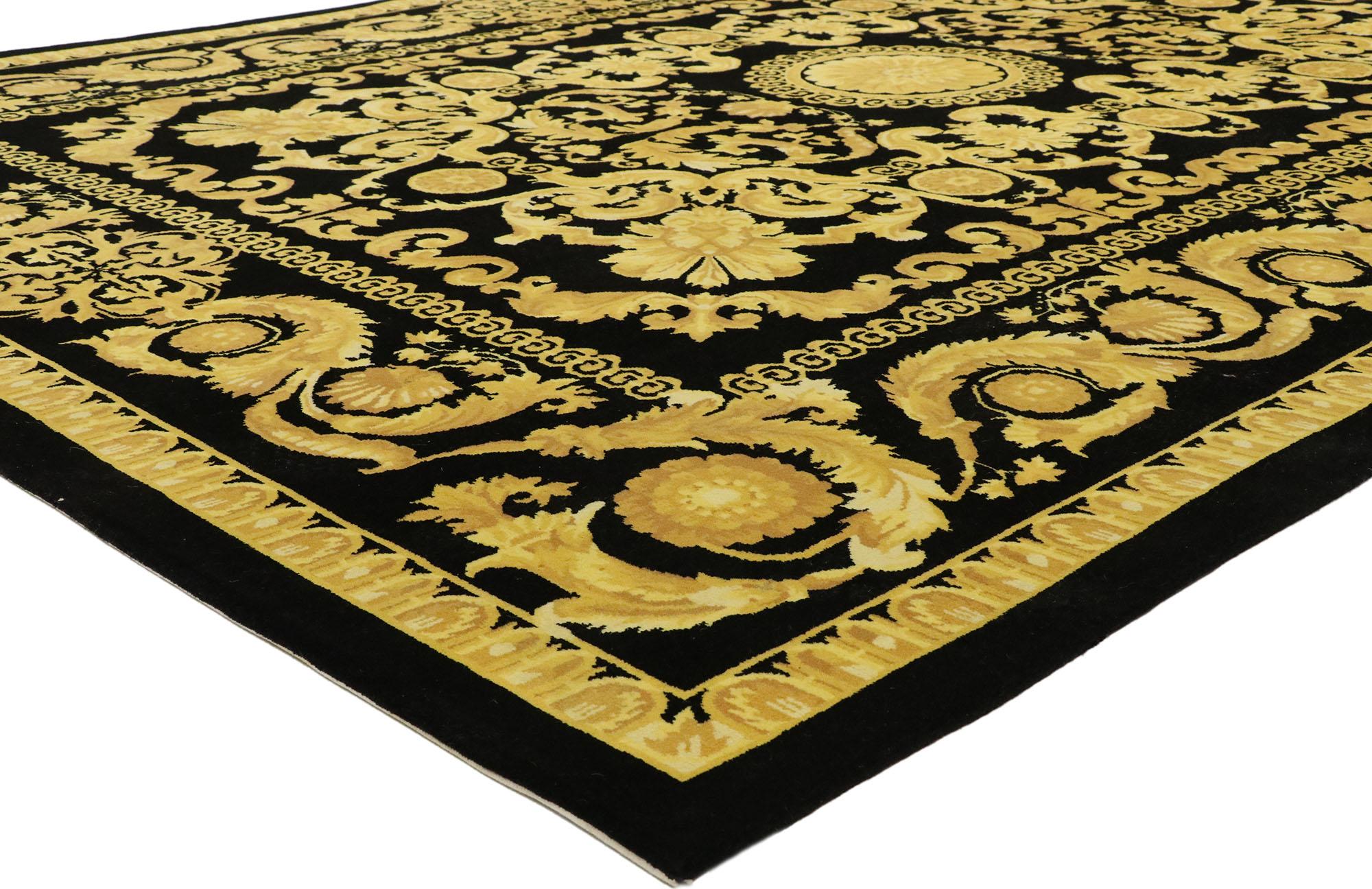 77466, vintage Indian rug with Versace Baroque style. Sure to captivate the most discerning aesthete, this hand knotted wool vintage Indian rug is the epitome of Versace vibes and luxe Baroque style in one. Taking center stage is a round floral