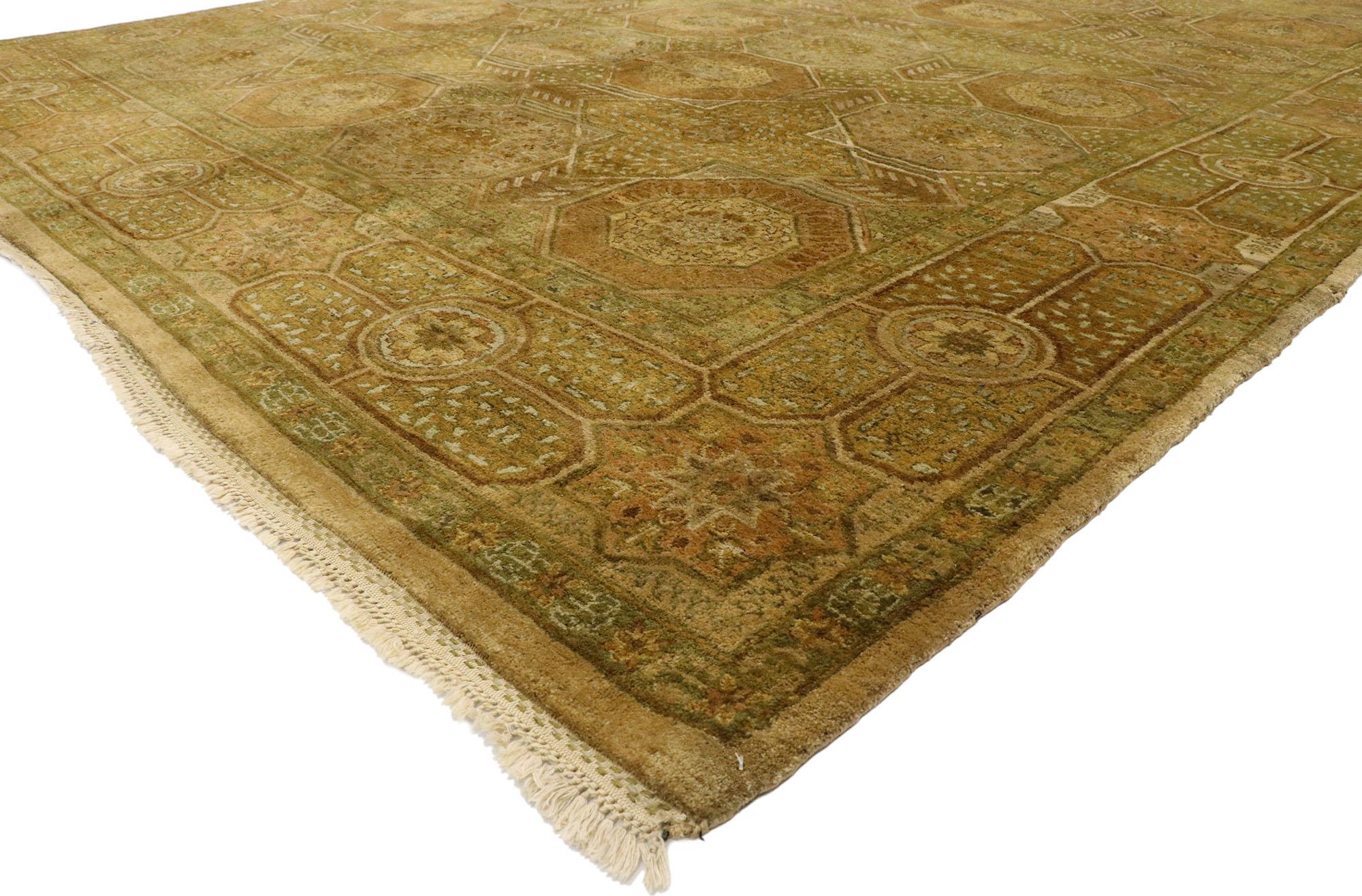 77573, vintage Indian rug with Modern Shaker style and Islamic Tile Design. With luminous brown hues and ornate details, this hand knotted wool vintage Indian rug beautifully embodies Modern Shaker style. The field is covered in a well-balanced