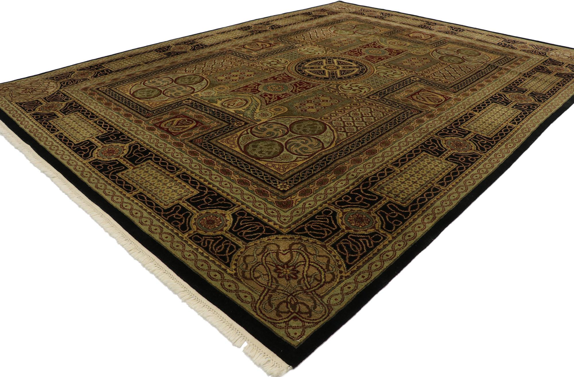 77553 Vintage Indian rug with Regal Baroque style. With timeless design, ornate decorative detailing, and regal beauty, this hand knotted wool vintage Indian rug is poised to impress. The field is covered in a well-balanced all-over compartmental