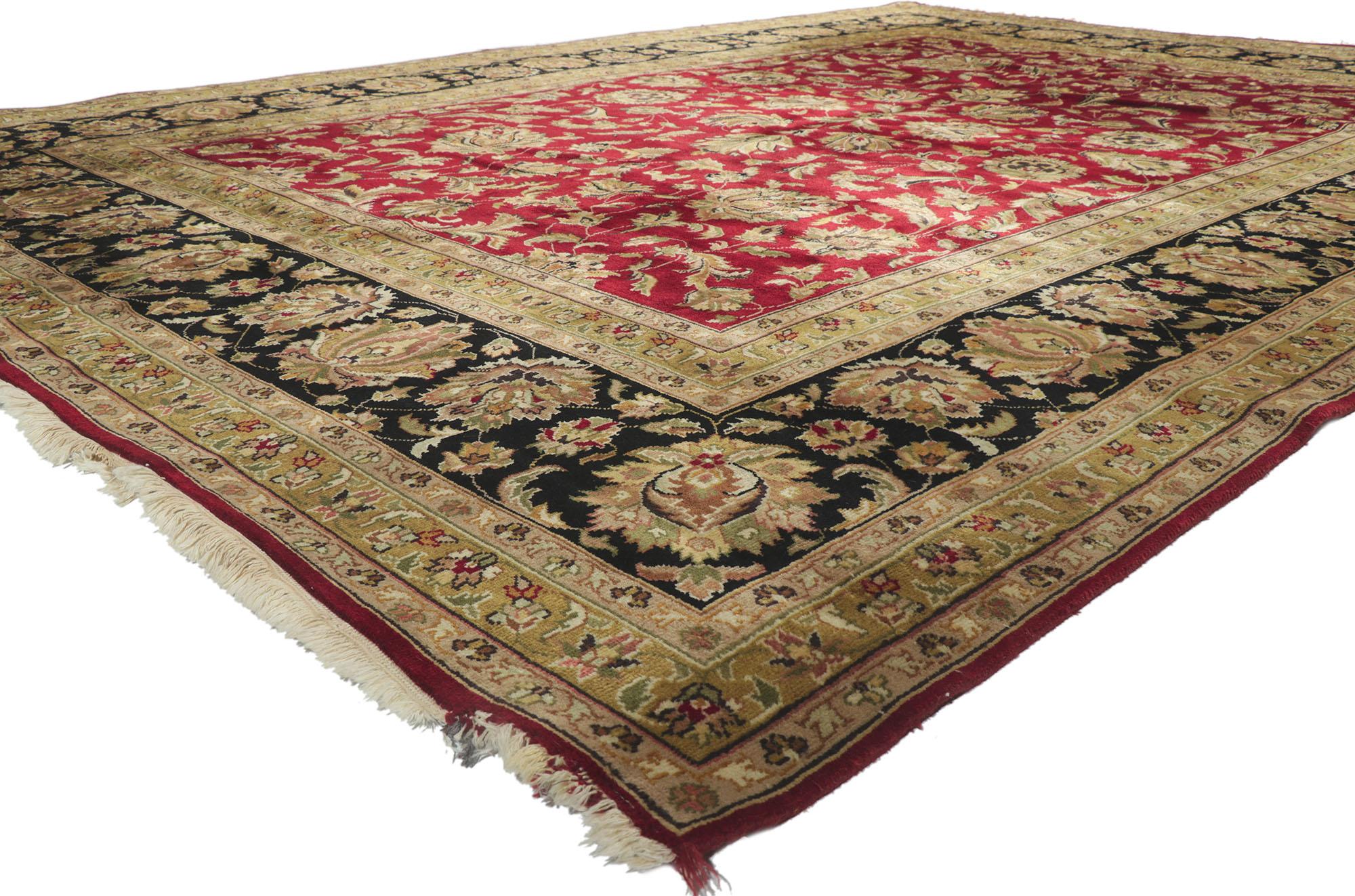 78230 vintage Indian rug with Victorian style 09'06 x 13'06. Rendered in variegated shades of burgundy, tan, black, sand, taupe, wine, ecru, olive, brown, rosewood, forest green, light green, and brass with other accent colors. Abrash. Hand-knotted