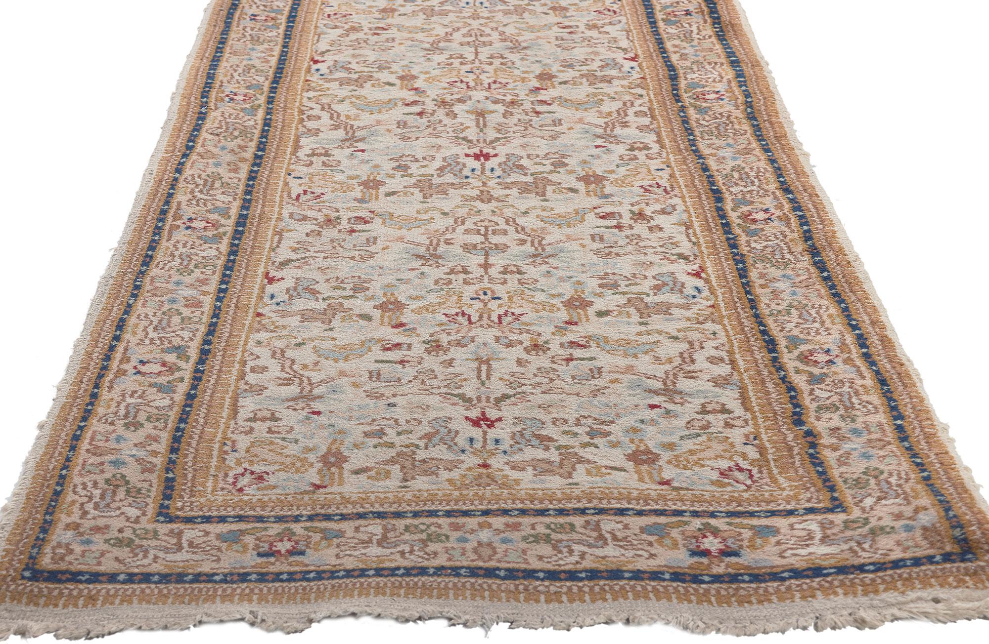 Hand-Knotted Vintage Indian Runner, Flora & Fauna Meet Earth-Tone Elegance For Sale
