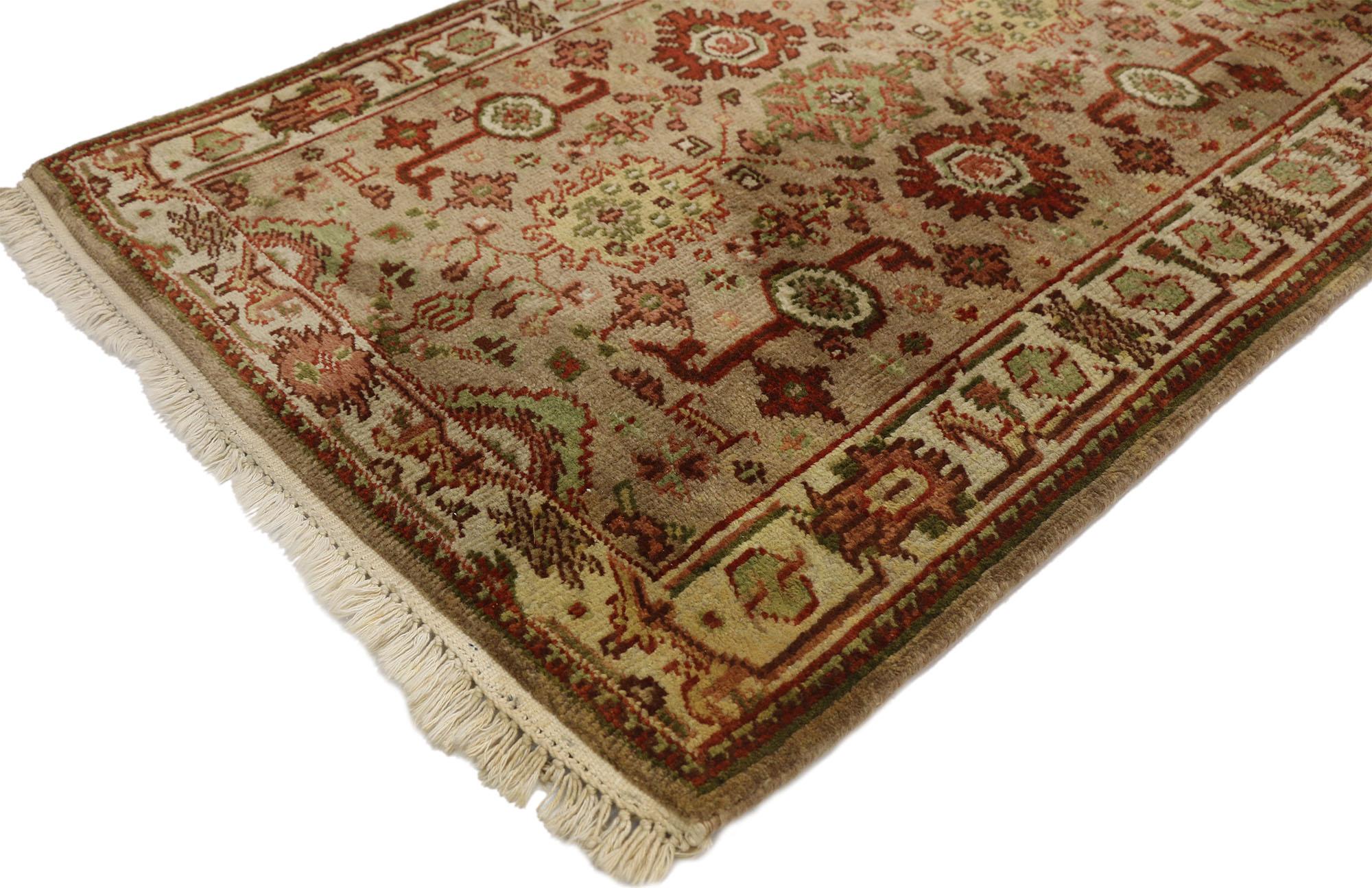 77312, vintage Indian runner with Rustic Arts & Crafts style, short hallway runner. With its earthy colors and understated elegance, this hand knotted wool vintage Indian runner charms with ease and seamlessly melds into rustic Arts & Crafts style