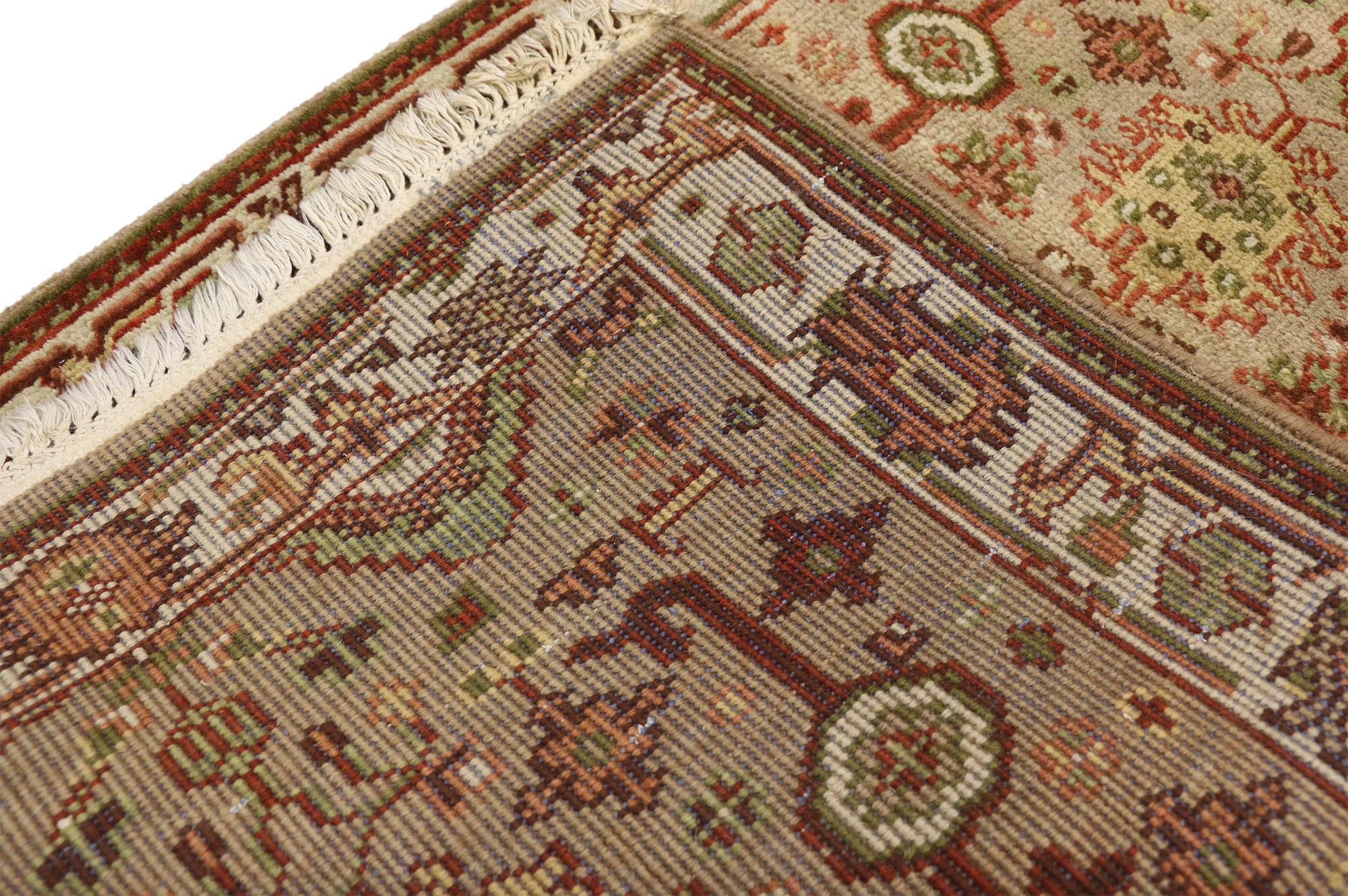 Hand-Knotted Vintage Indian Runner with Rustic Arts & Crafts Style, Short Hallway Runner For Sale