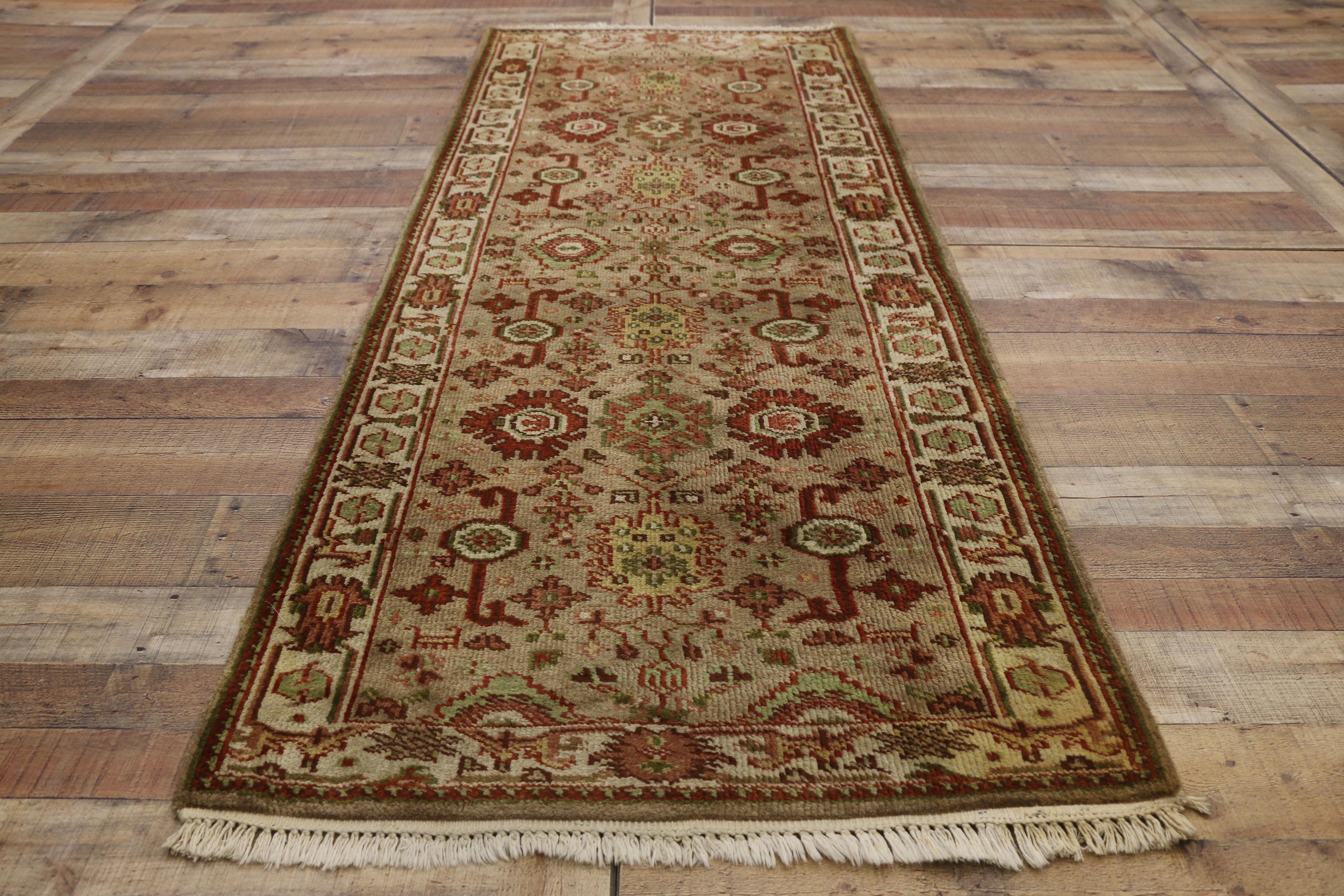 Wool Vintage Indian Runner with Rustic Arts & Crafts Style, Short Hallway Runner For Sale