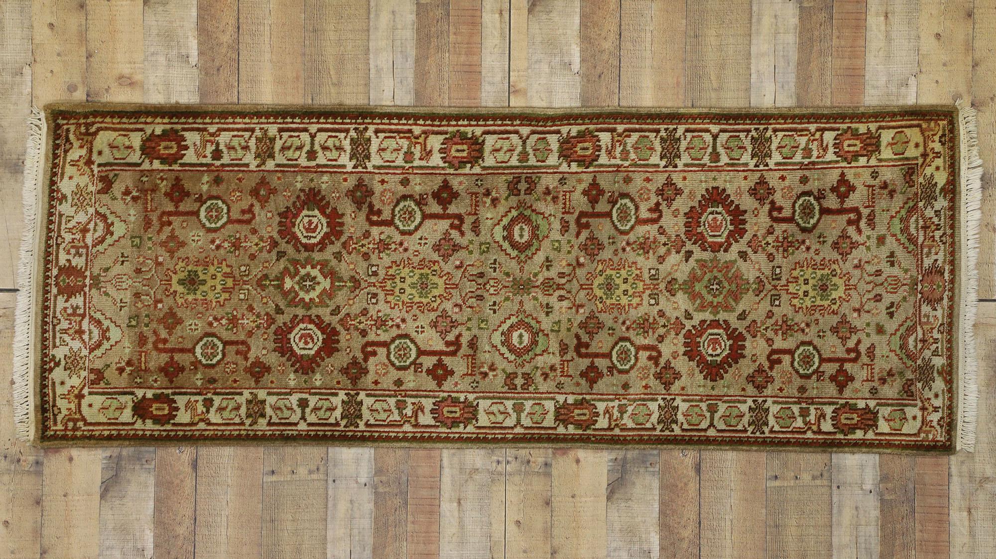 Vintage Indian Runner with Rustic Arts & Crafts Style, Short Hallway Runner For Sale 1