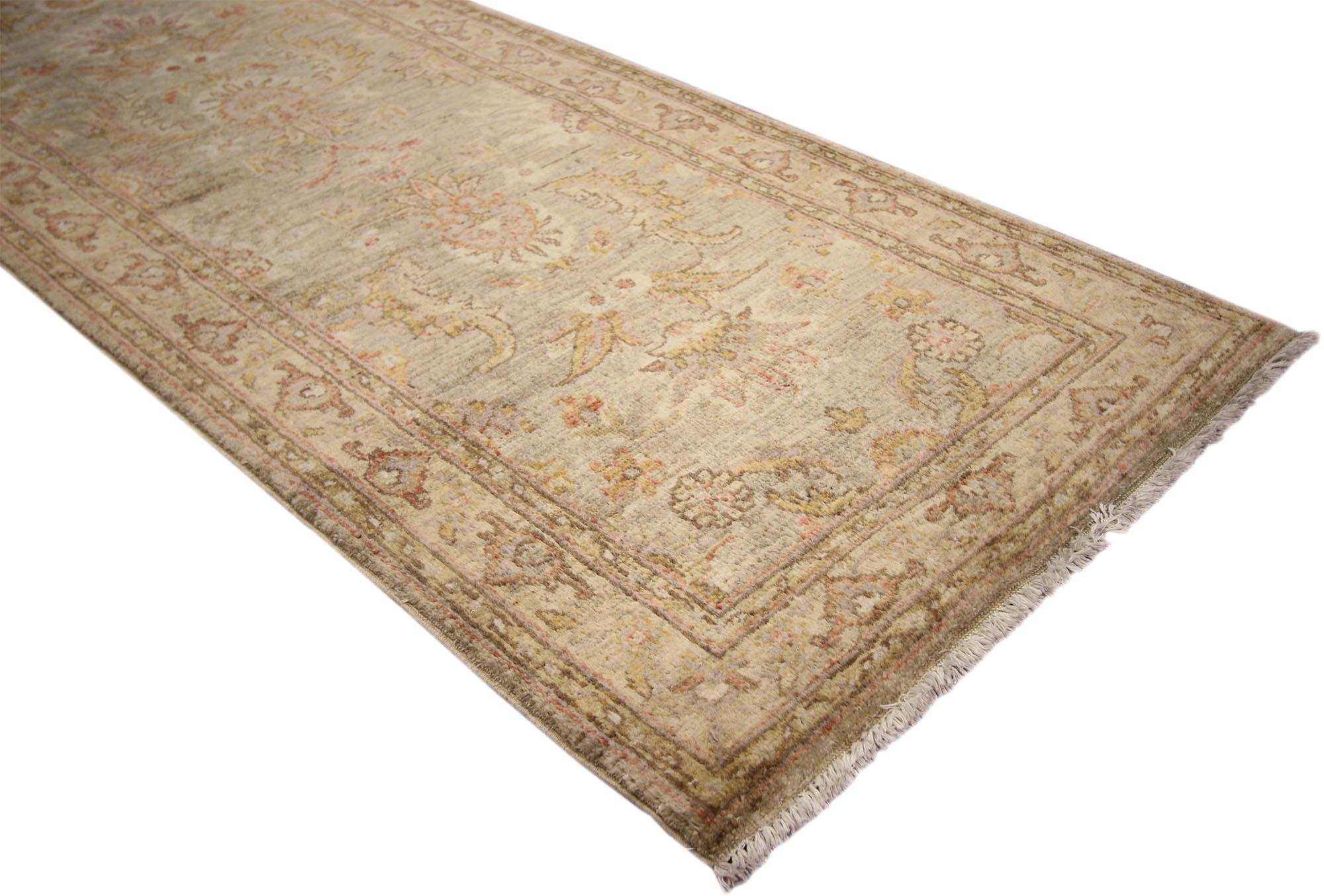 76919 Vintage Earth-Tone Indian Sultanabad Rug Runner, 02'08 x 10'08. Like the whispered memory of an ancient garden pathway, this vintage Indian Sultanabad rug runner stretches forth in stately elegance, its floral arabesques blooming softly across