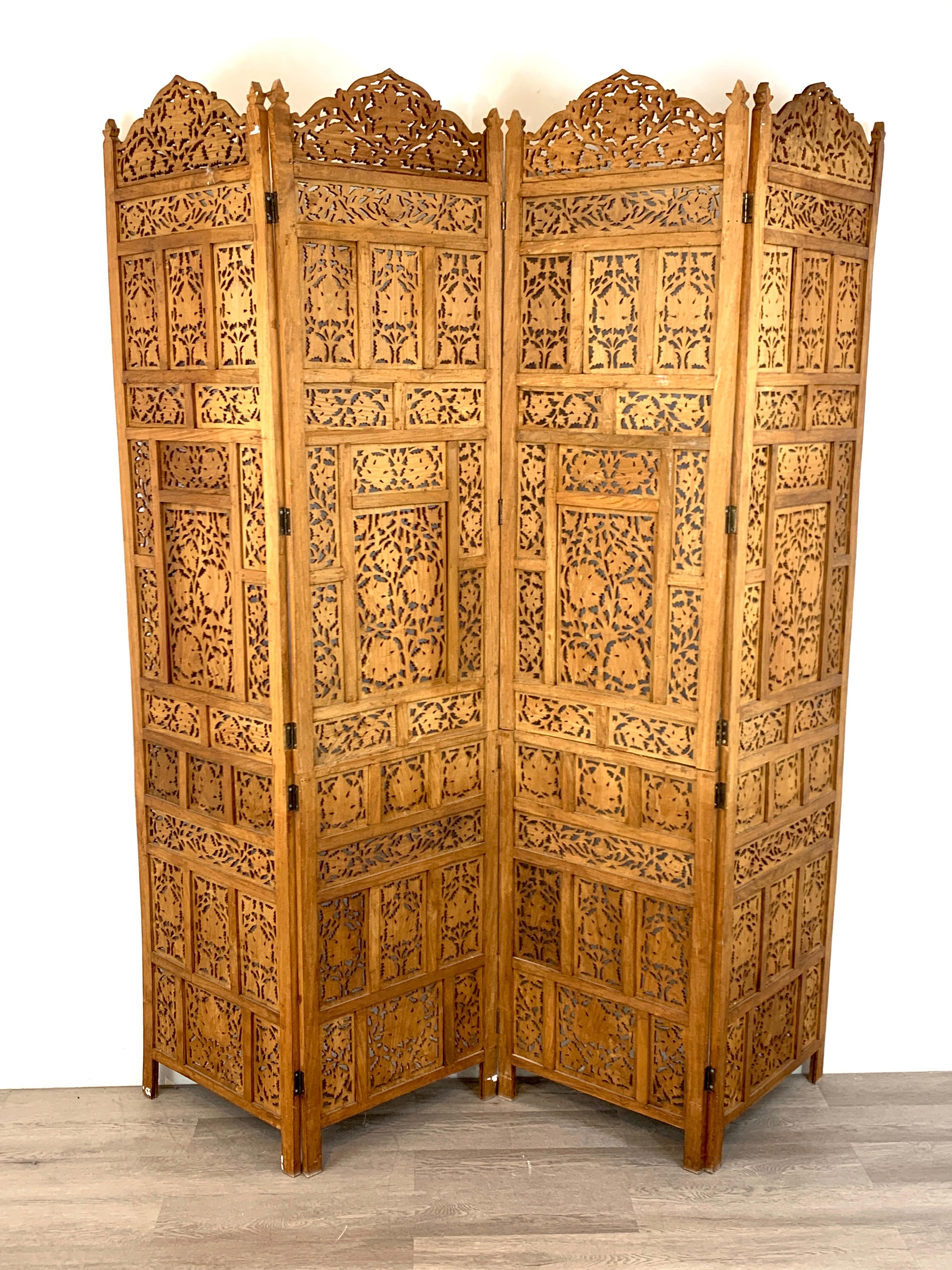 Vintage Indian Sandalwood Four Panel Screen For Sale 1