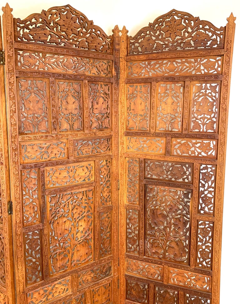 Anglo-Indian Vintage Indian Sandalwood Four Panel Screen For Sale