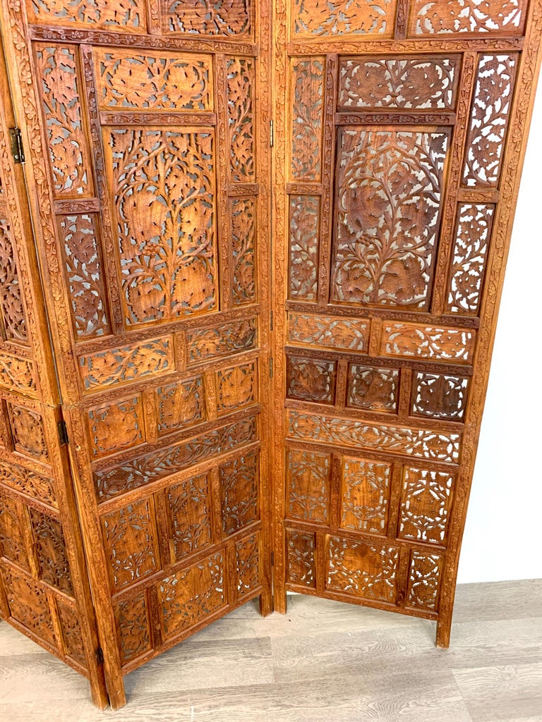Vintage Indian Sandalwood Four Panel Screen In Good Condition For Sale In West Palm Beach, FL